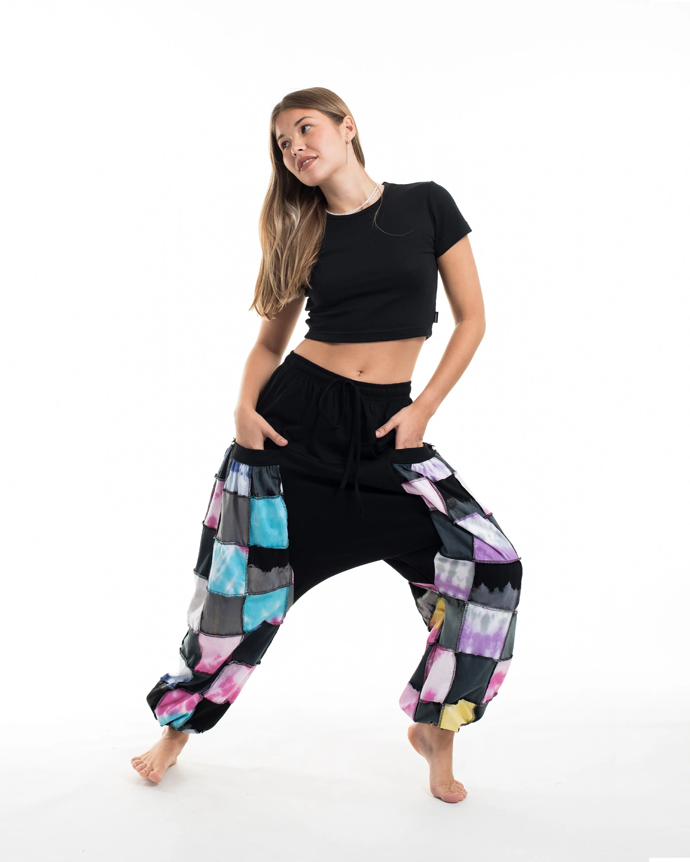 Tie Dye Cotton Women Harem Pants in Patchwork Black Candy - Image 5