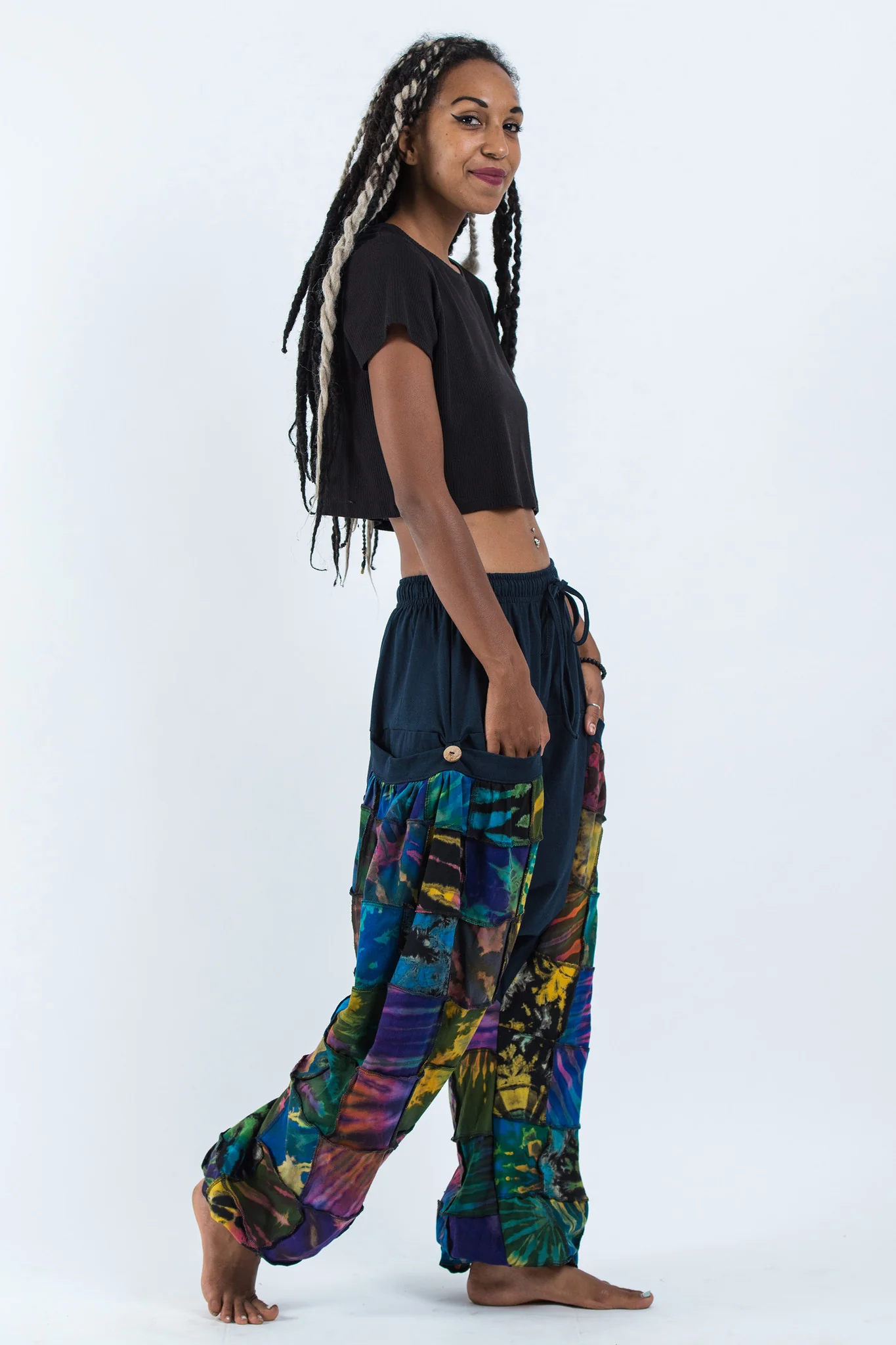 Tie Dye Cotton Women Harem Pants in Patchwork Blue - Image 3