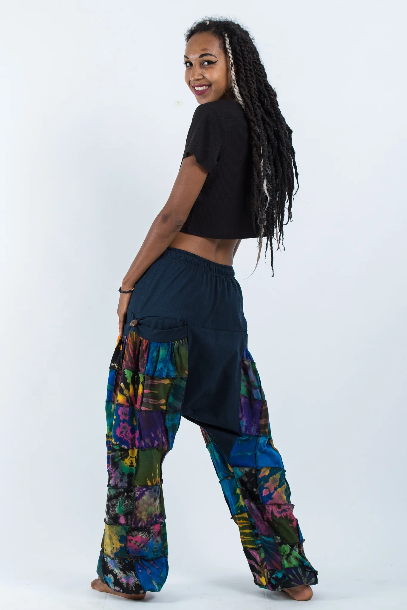 Tie Dye Cotton Women Harem Pants in Patchwork Blue - Image 4