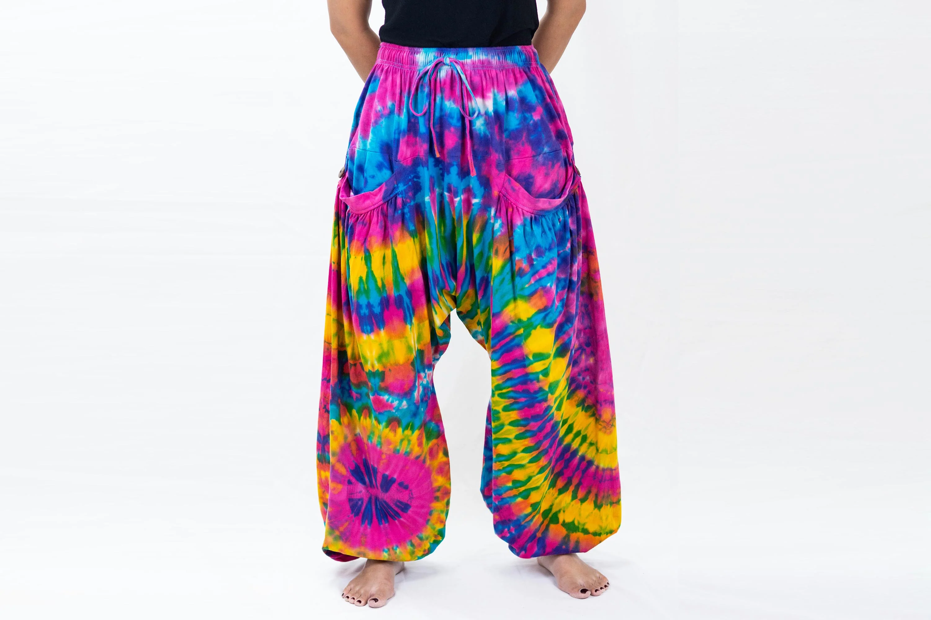 Tie Dye Cotton Women Harem Pants in Pink Turquoise - Image 2