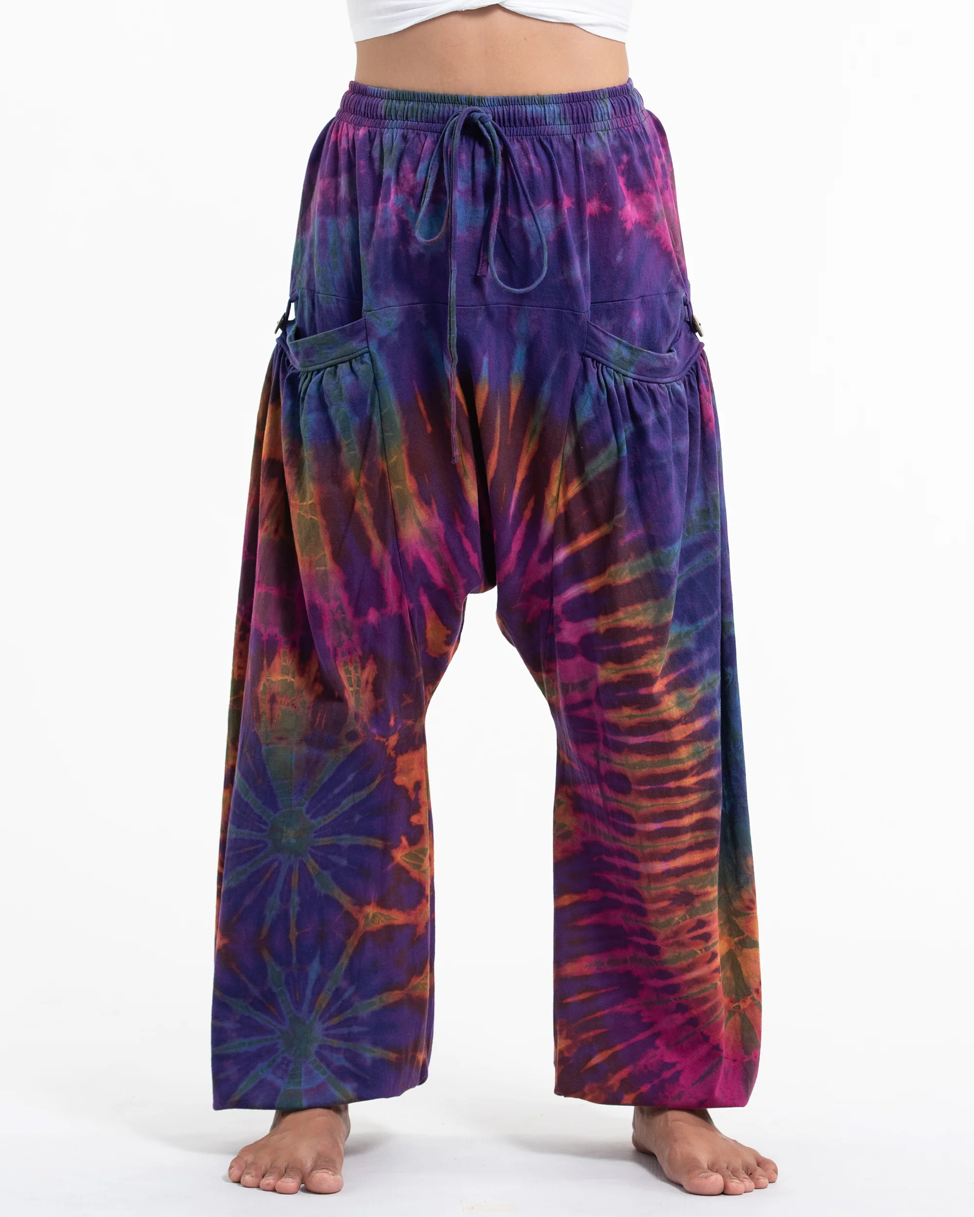 Tie Dye Cotton Women Harem Pants in Purple Rainbow - Image 2