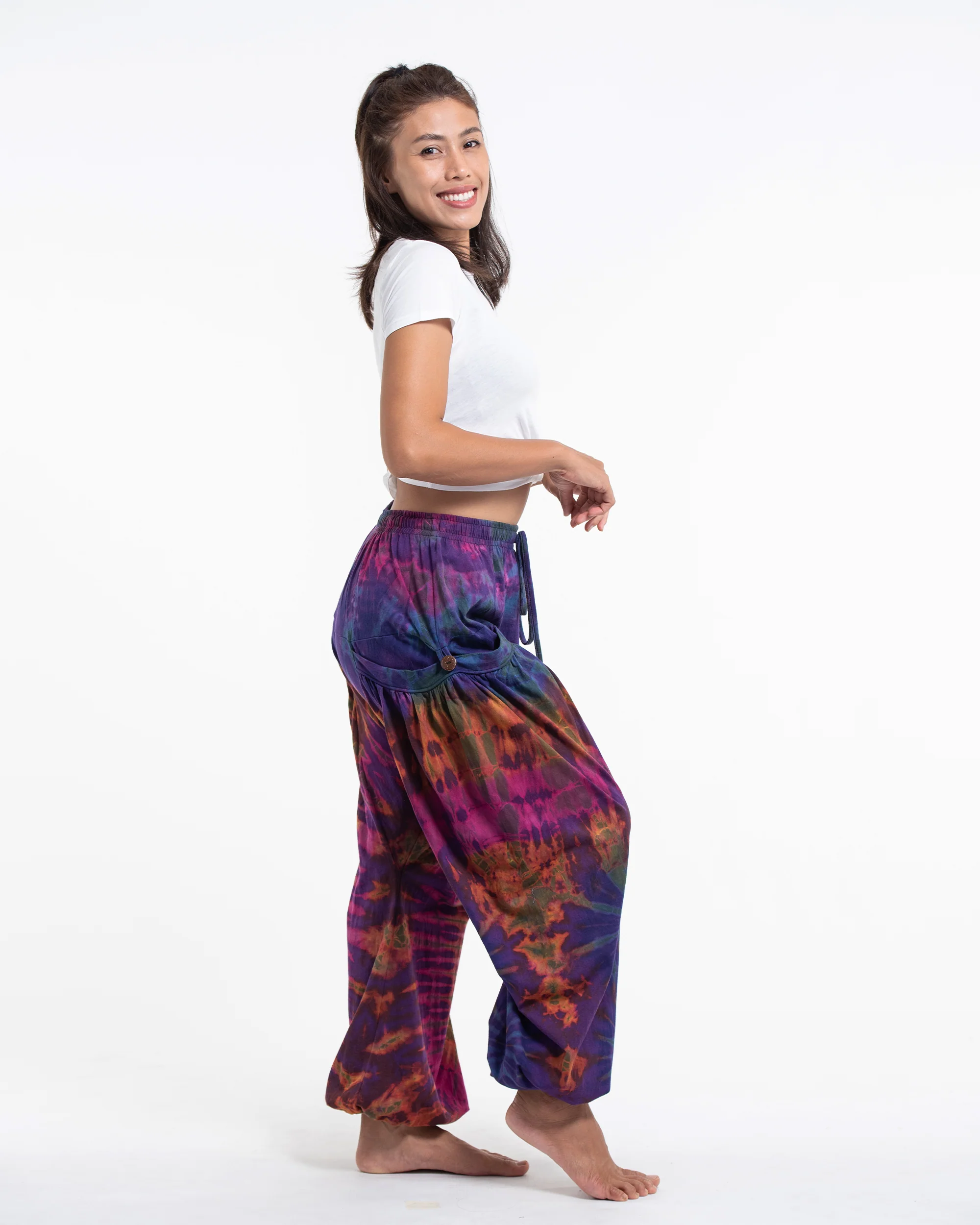 Tie Dye Cotton Women Harem Pants in Purple Rainbow - Image 3