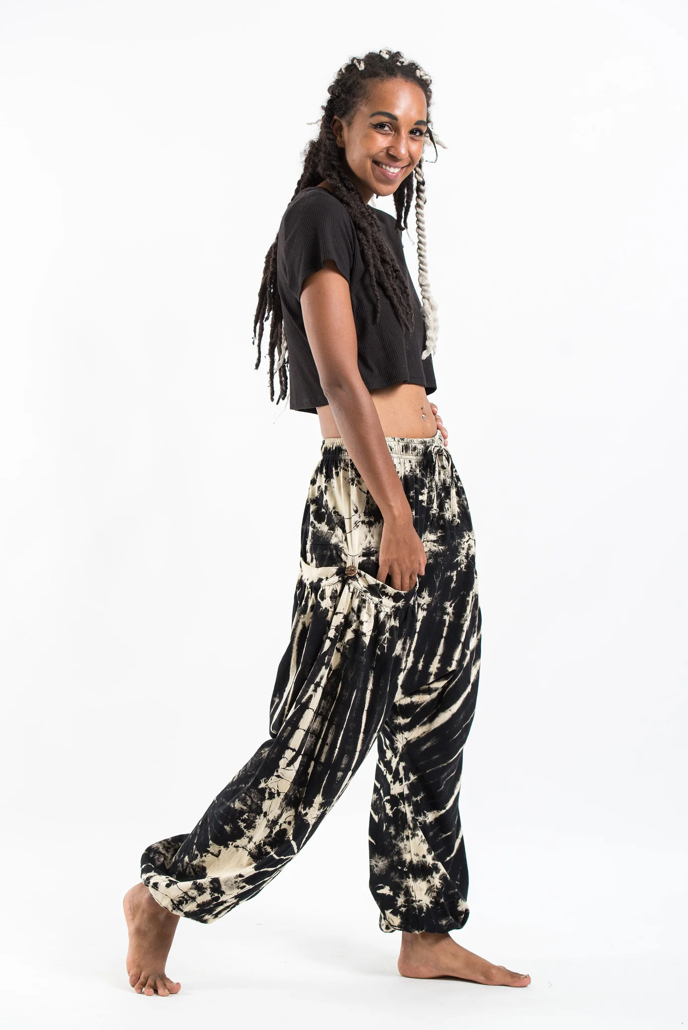 Tie Dye Cotton Women Harem Pants in Black White - Image 3