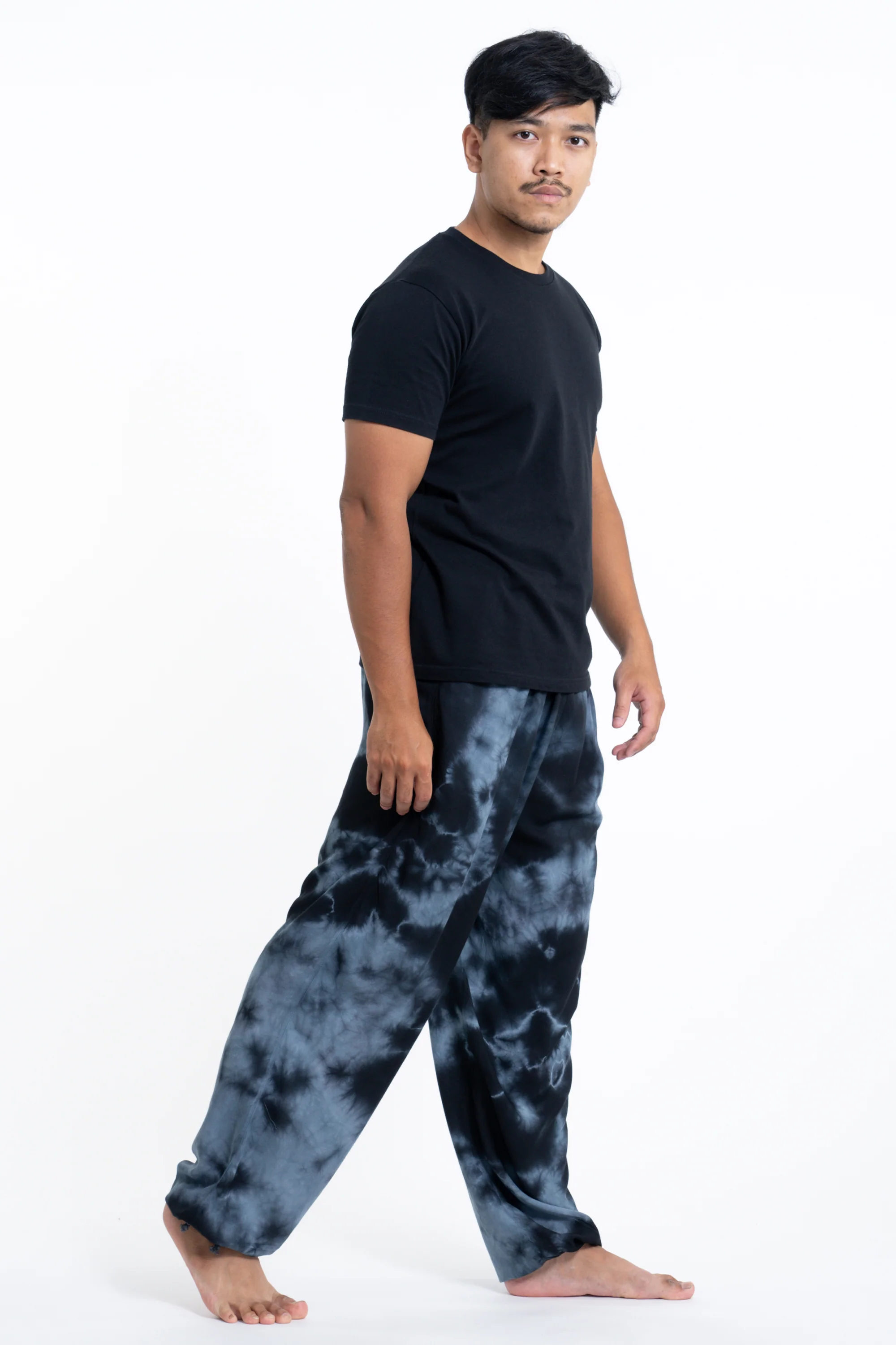 Tie Dye Drawstring Men's Yoga Massage Pants in Black - Image 3