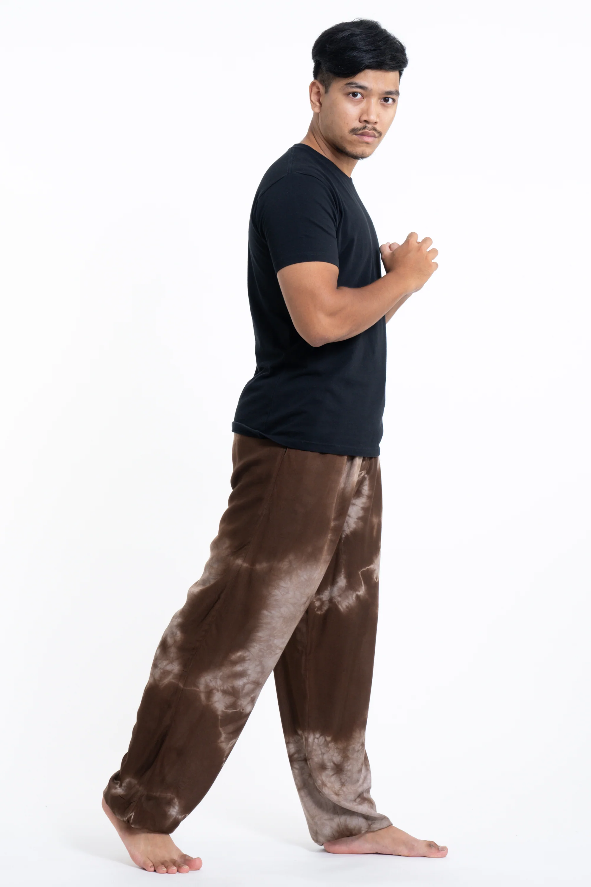 Tie Dye Drawstring Men's Yoga Massage Pants in Brown - Image 3