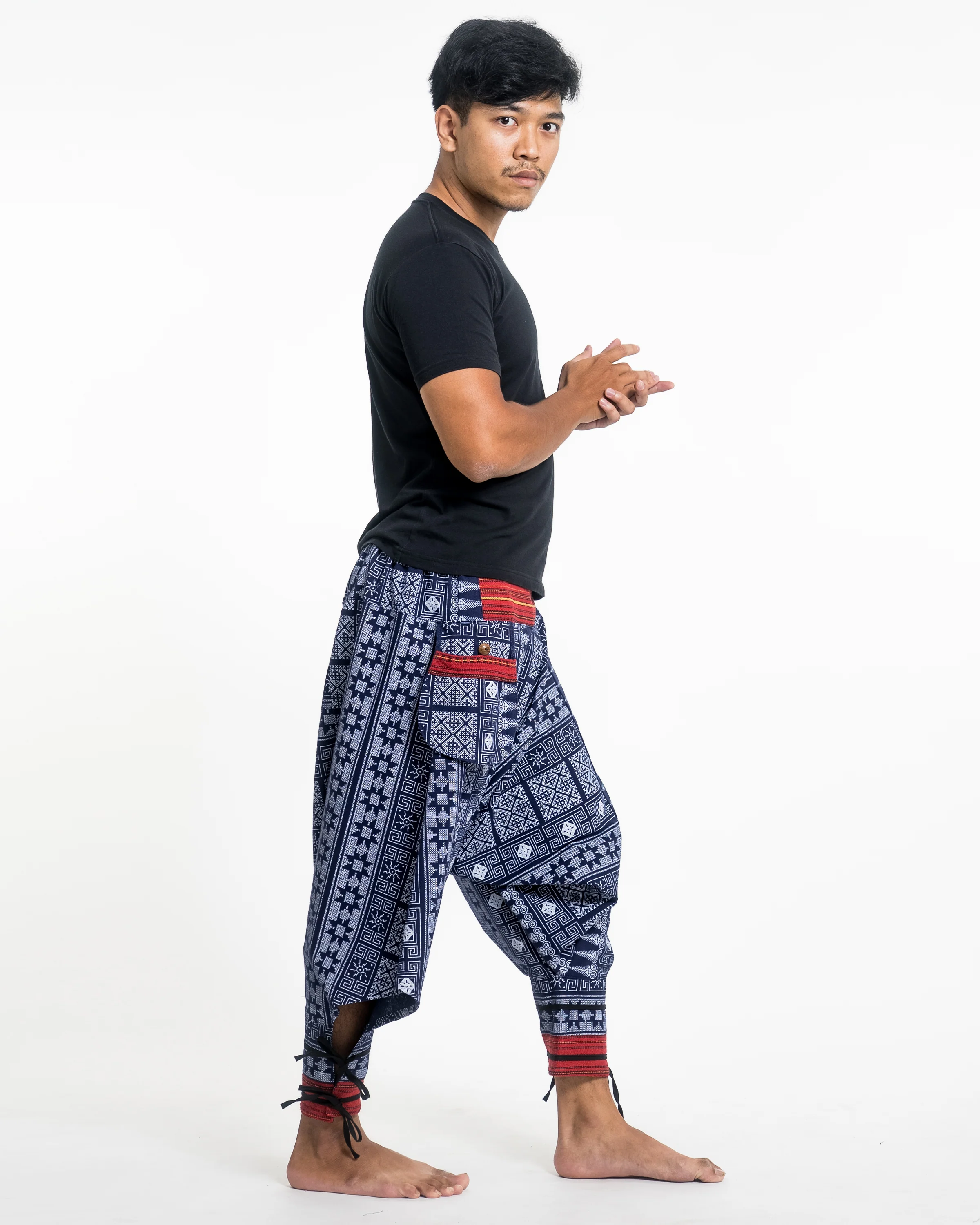 Traditional Prints Thai Hill Tribe Fabric Men's Harem Pants with Ankle Straps in Blue - Image 3