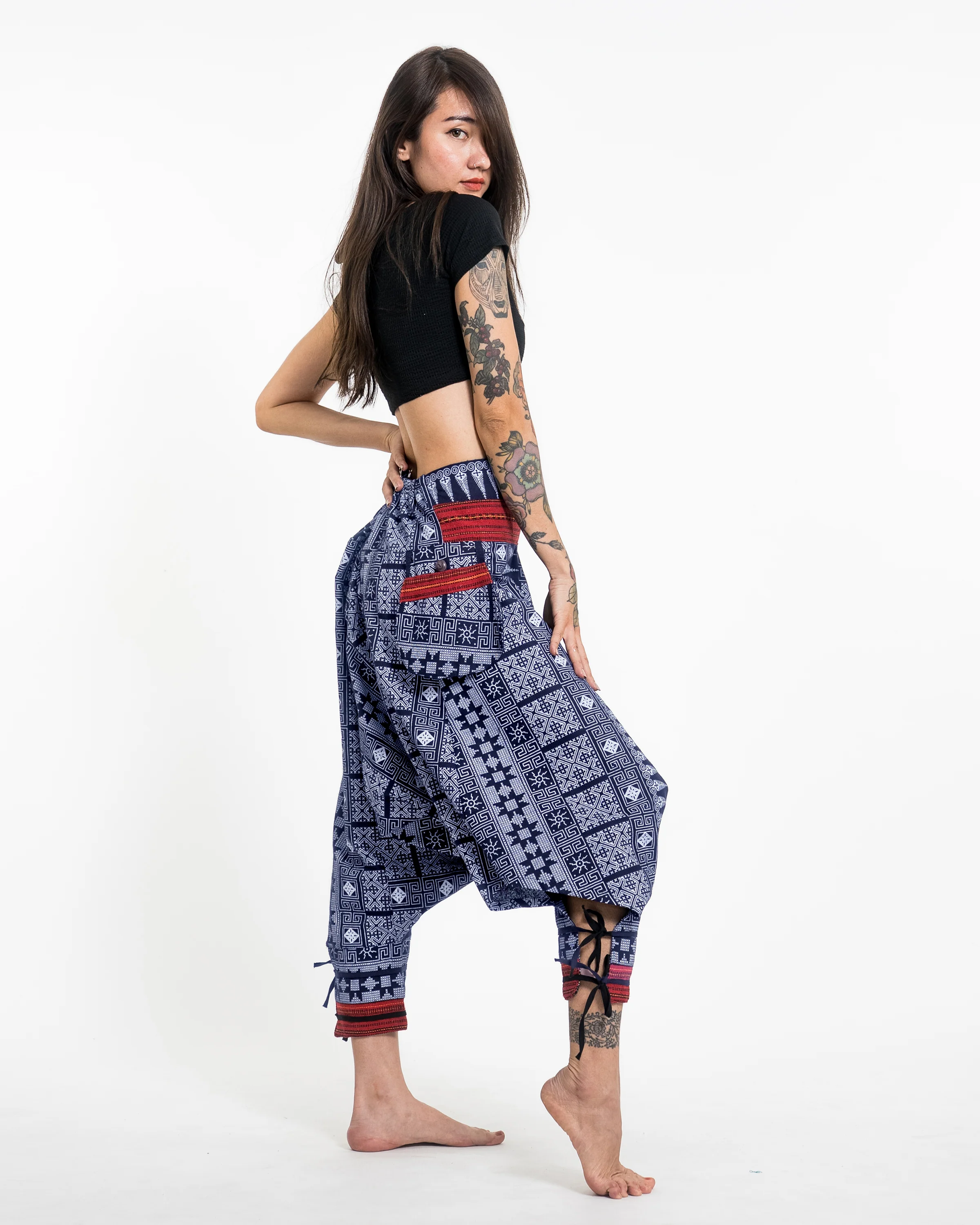 Traditional Prints Thai Hill Tribe Fabric Women's Harem Pants with Ankle Straps in Blue - Image 2