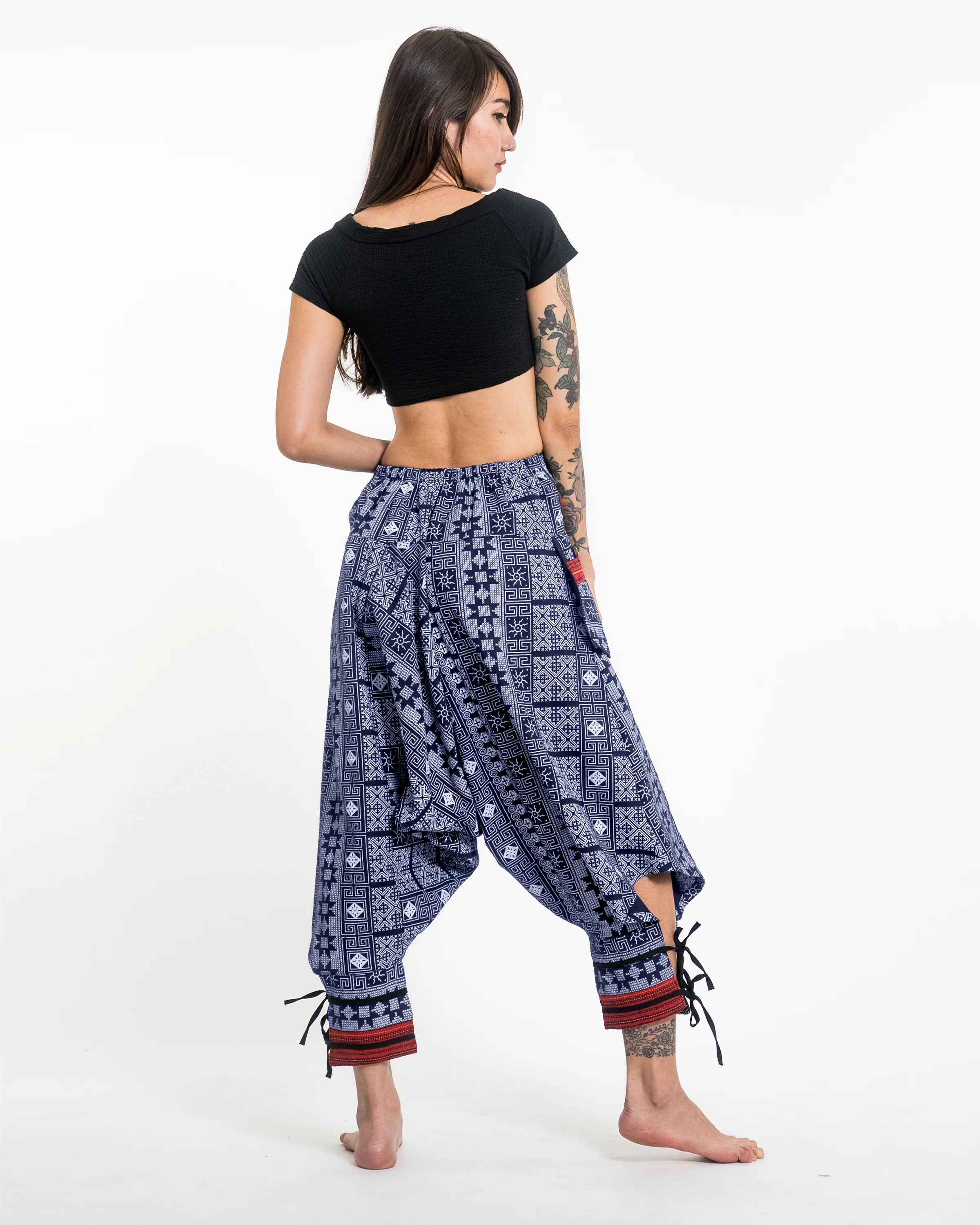 Traditional Prints Thai Hill Tribe Fabric Women's Harem Pants with Ankle Straps in Blue - Image 3