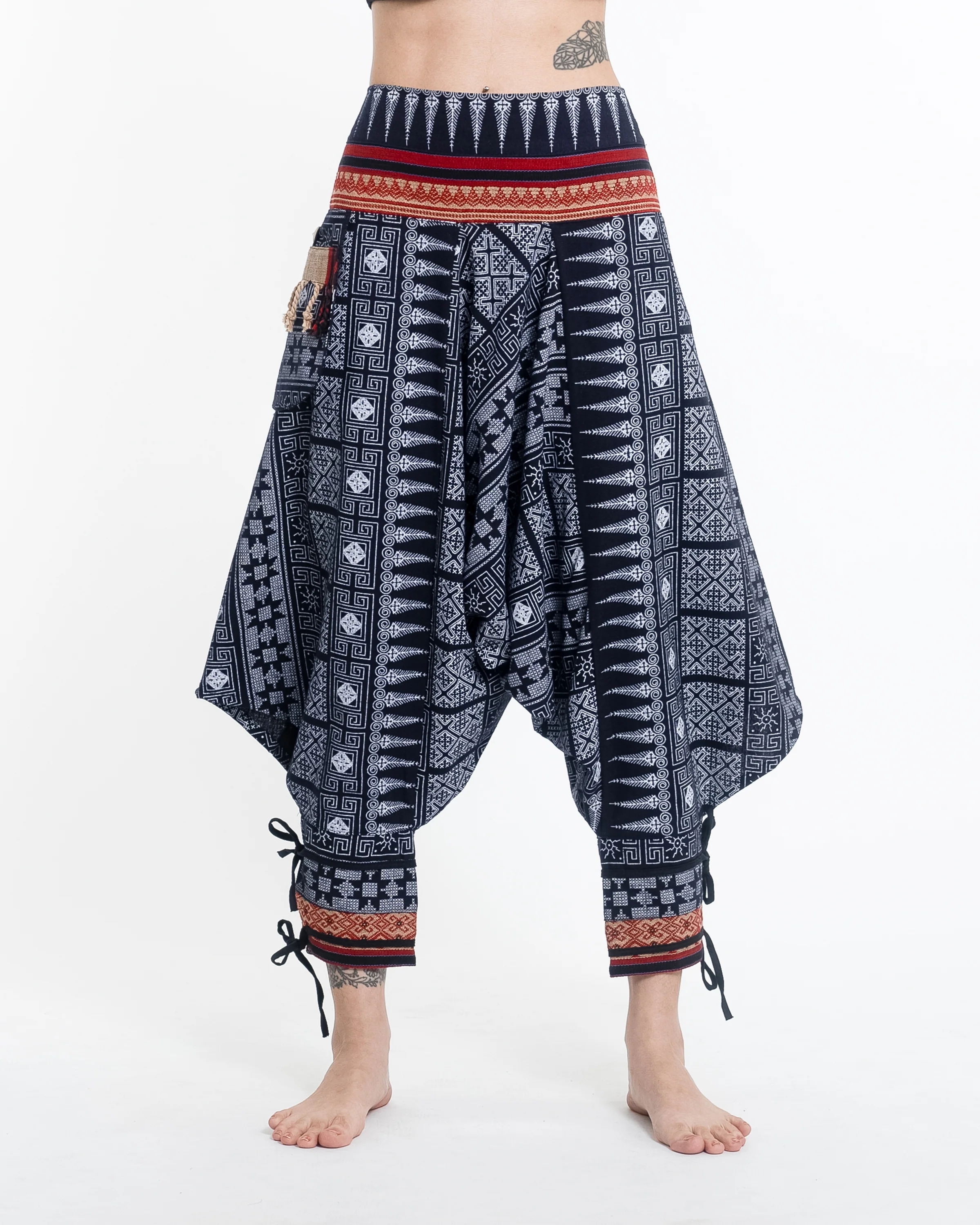 Traditional Prints Thai Hill Tribe Fabric Women's Harem Pants with Ankle Straps in Navy - Image 2