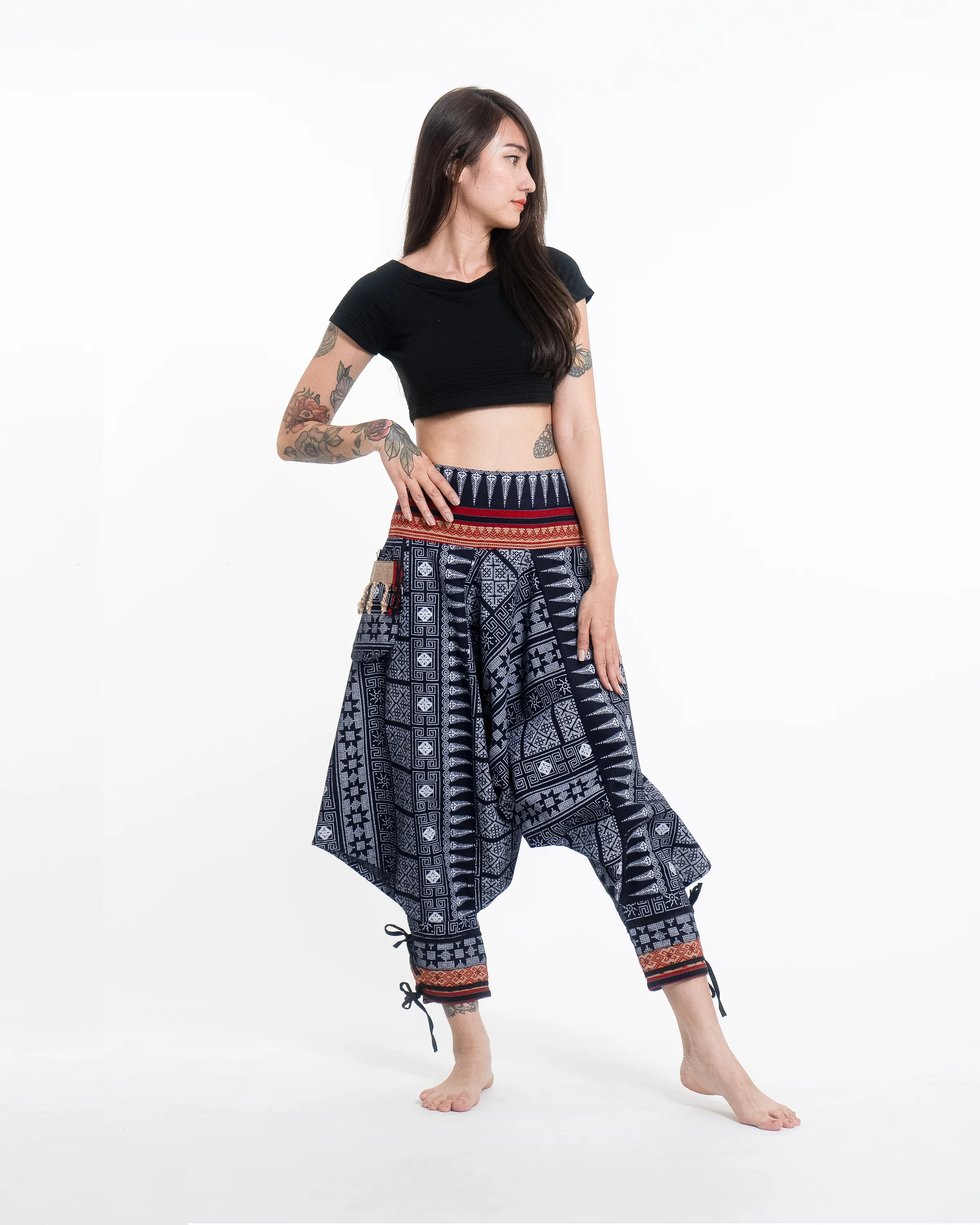 Traditional Prints Thai Hill Tribe Fabric Women's Harem Pants with Ankle Straps in Navy - Image 3