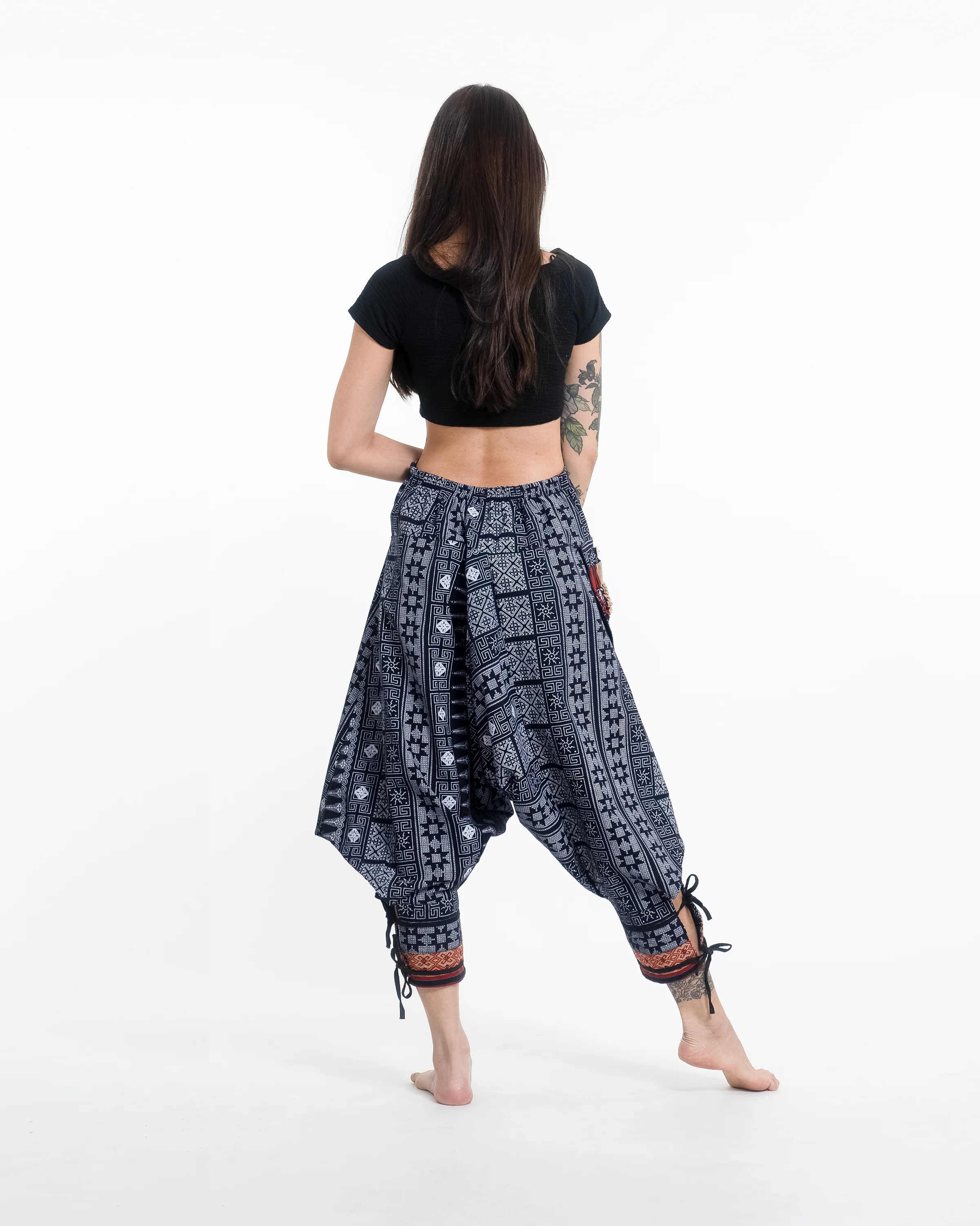 Traditional Prints Thai Hill Tribe Fabric Women's Harem Pants with Ankle Straps in Navy - Image 4