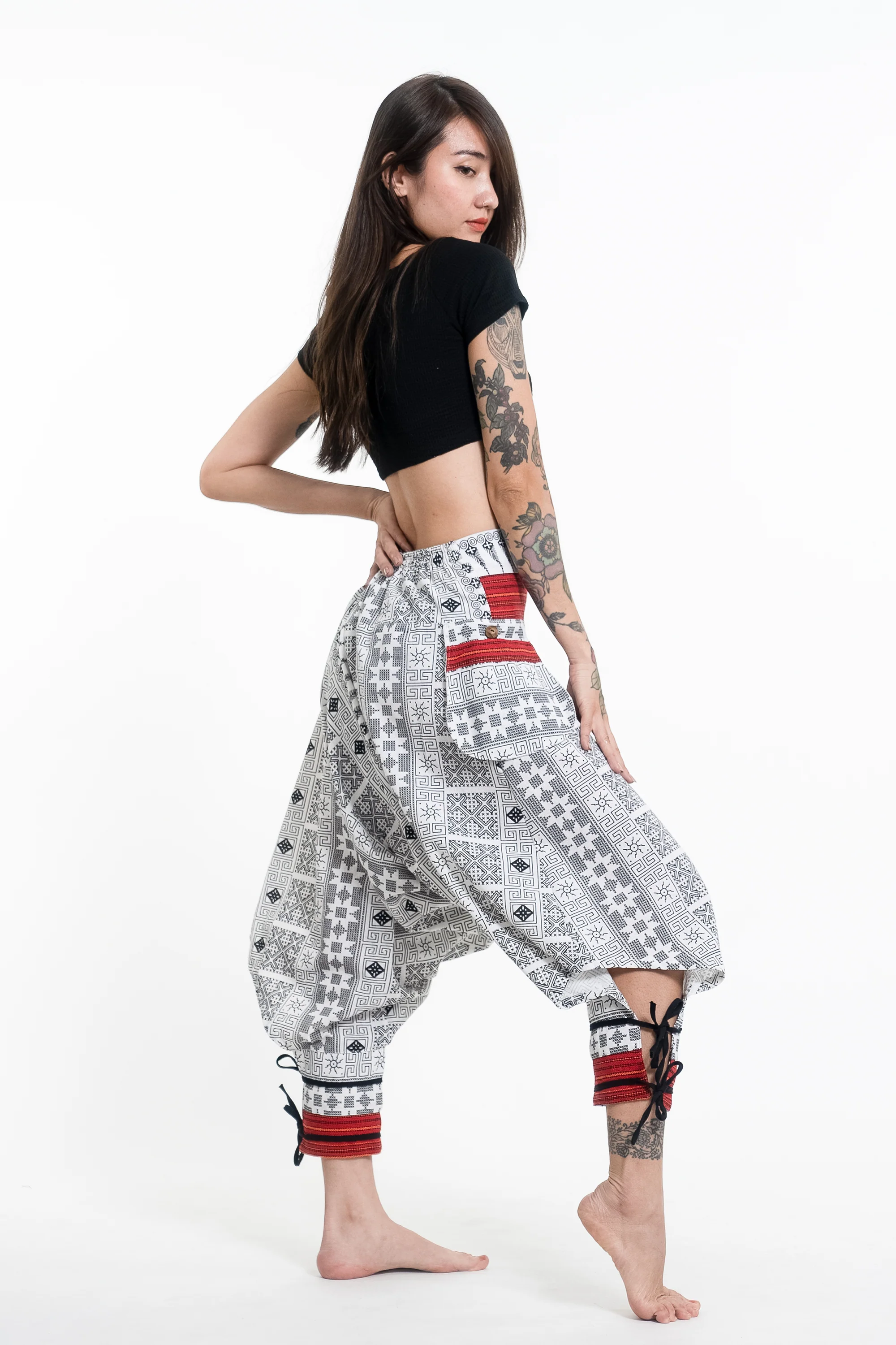 Traditional Prints Thai Hill Tribe Fabric Women's Harem Pants with Ankle Straps in White - Image 3