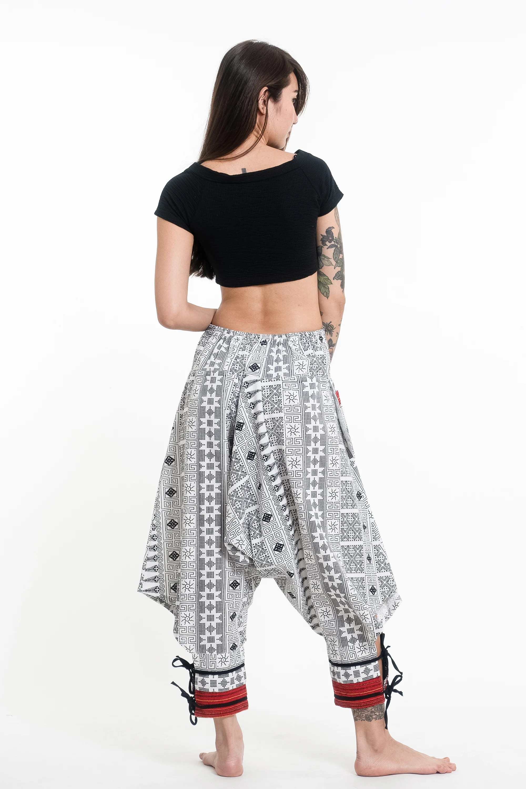 Traditional Prints Thai Hill Tribe Fabric Women's Harem Pants with Ankle Straps in White - Image 4