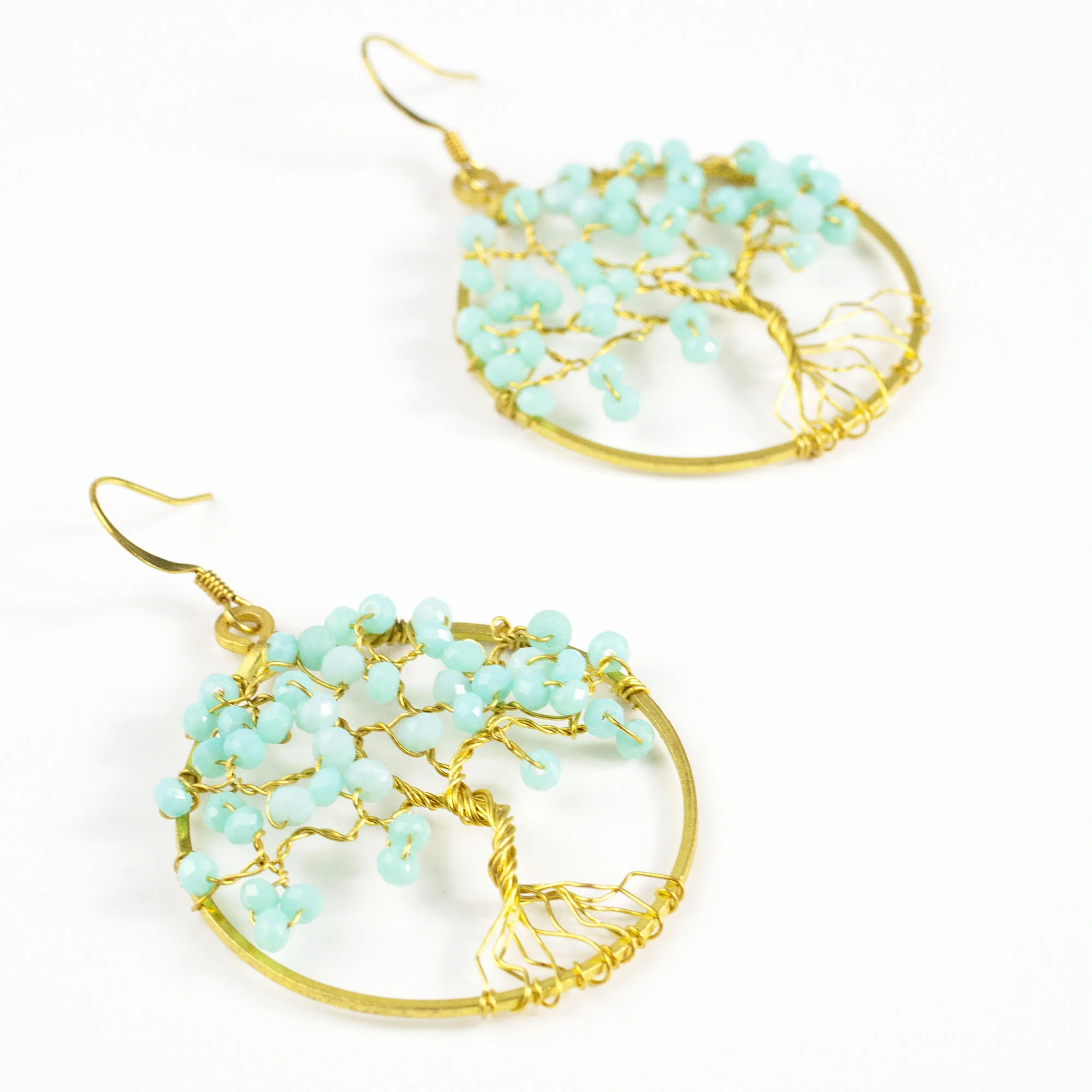 Tree of Life Light Blue Beads Brass Earrings - Image 3