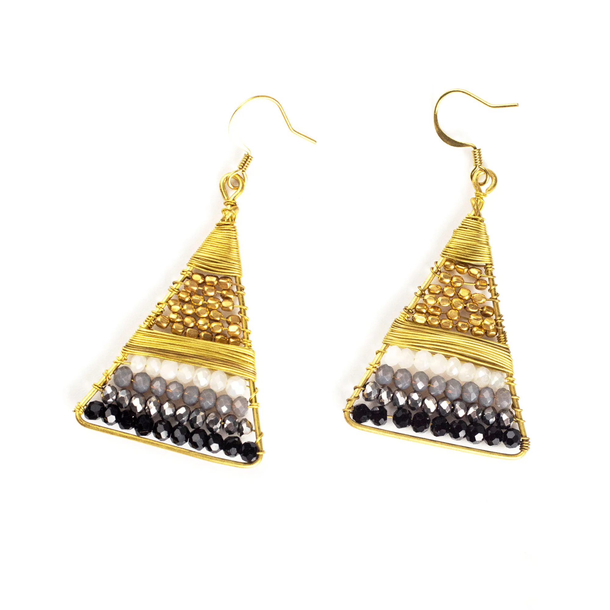 Triangle Black Beads Brass Earrings - Image 2