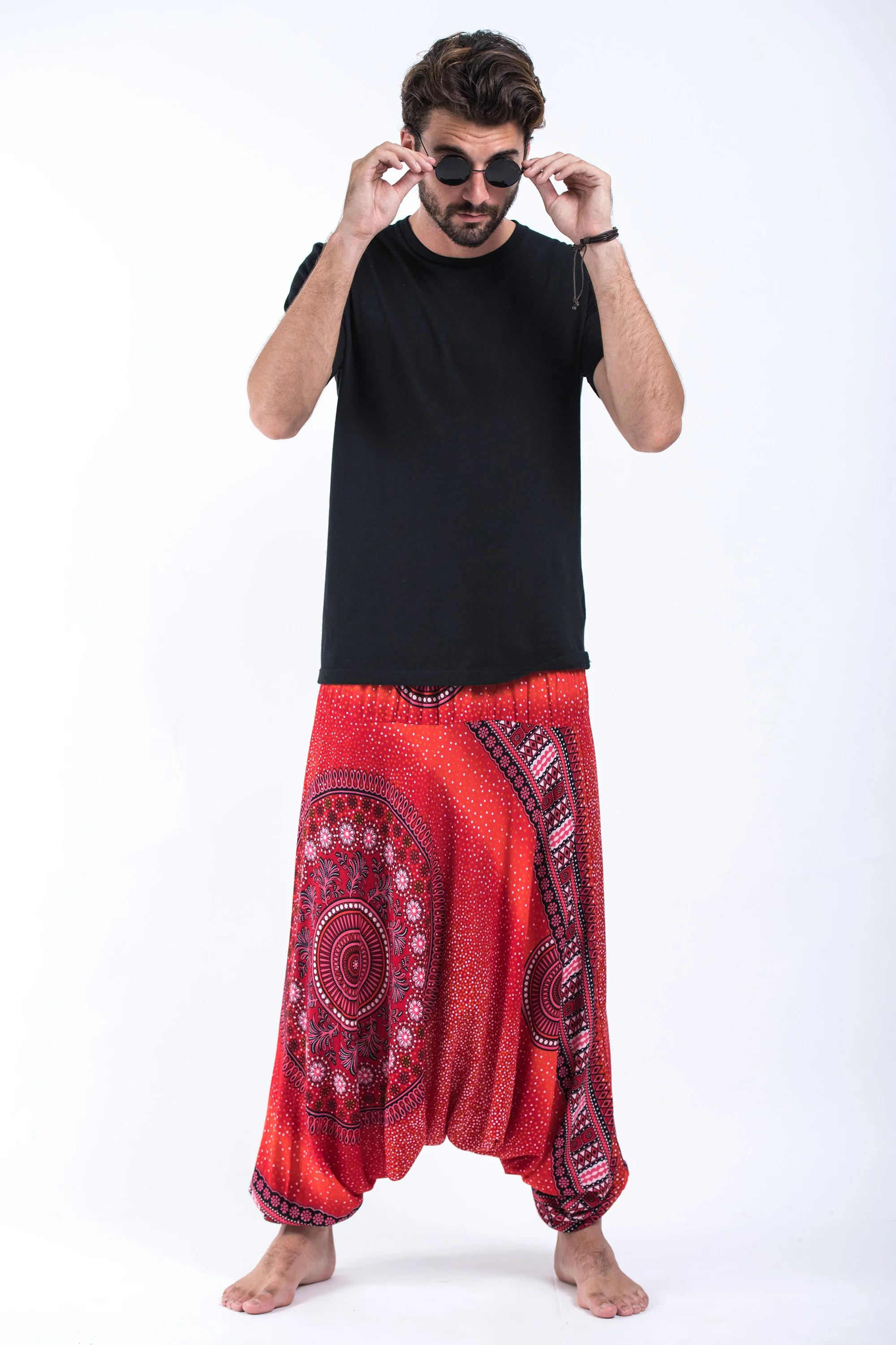 Tribal Chakras Drop Crotch Men's Harem Pants in Red