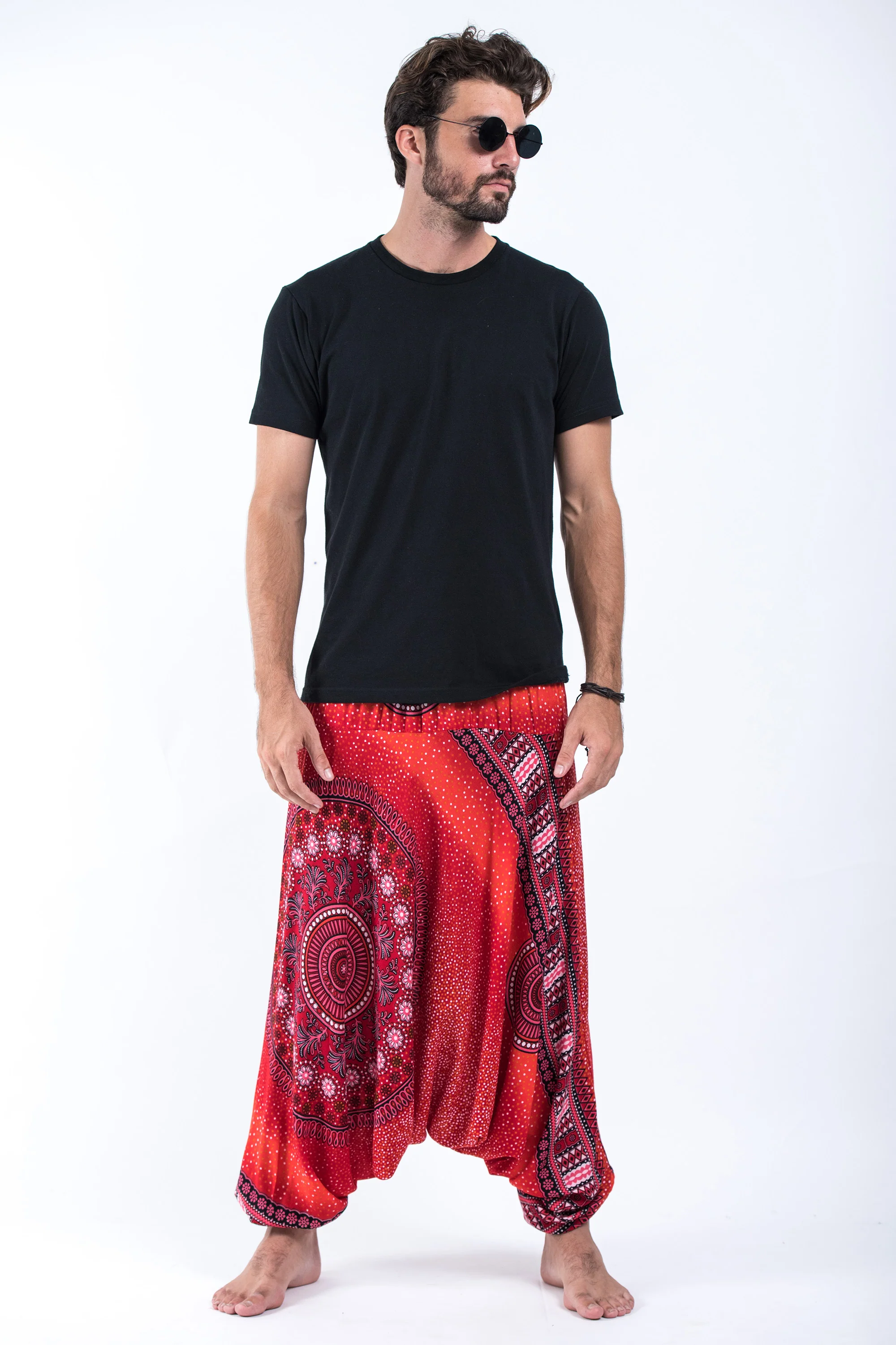 Tribal Chakras Drop Crotch Men's Harem Pants in Red - Image 4