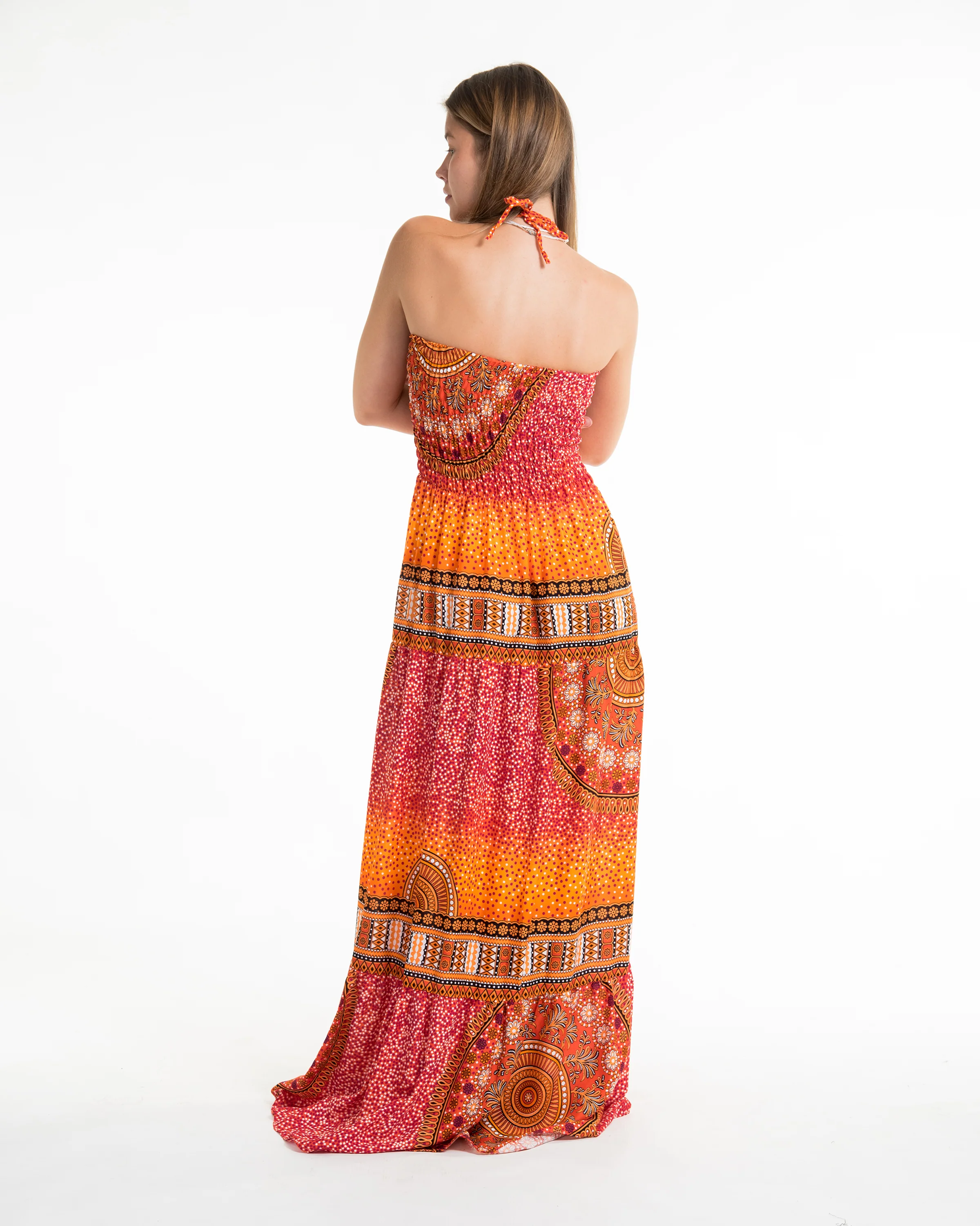 Tribal Chakras Smocked Maxi Dress in Orange - Image 4