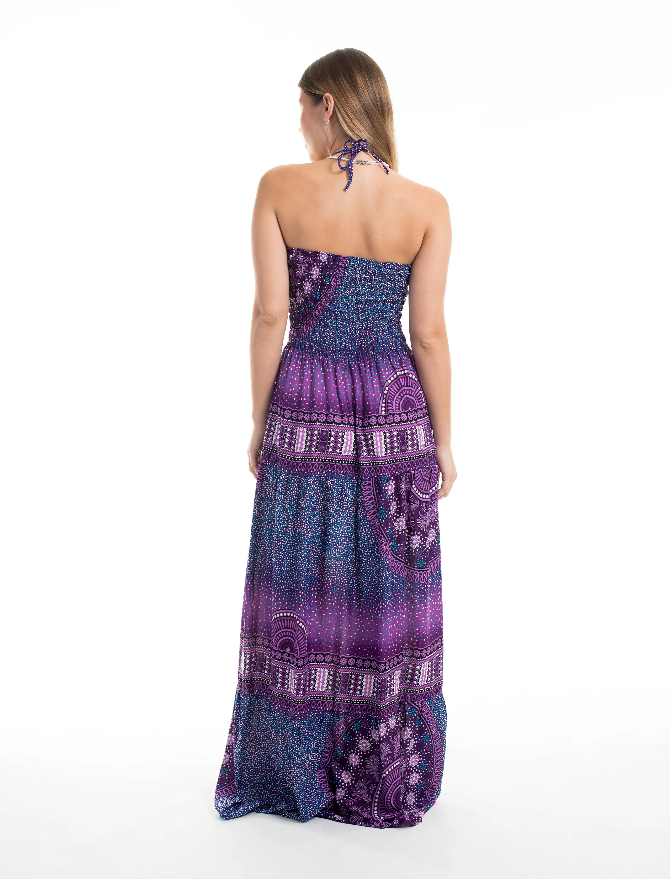 Tribal Chakras Smocked Maxi Dress in Purple - Image 3