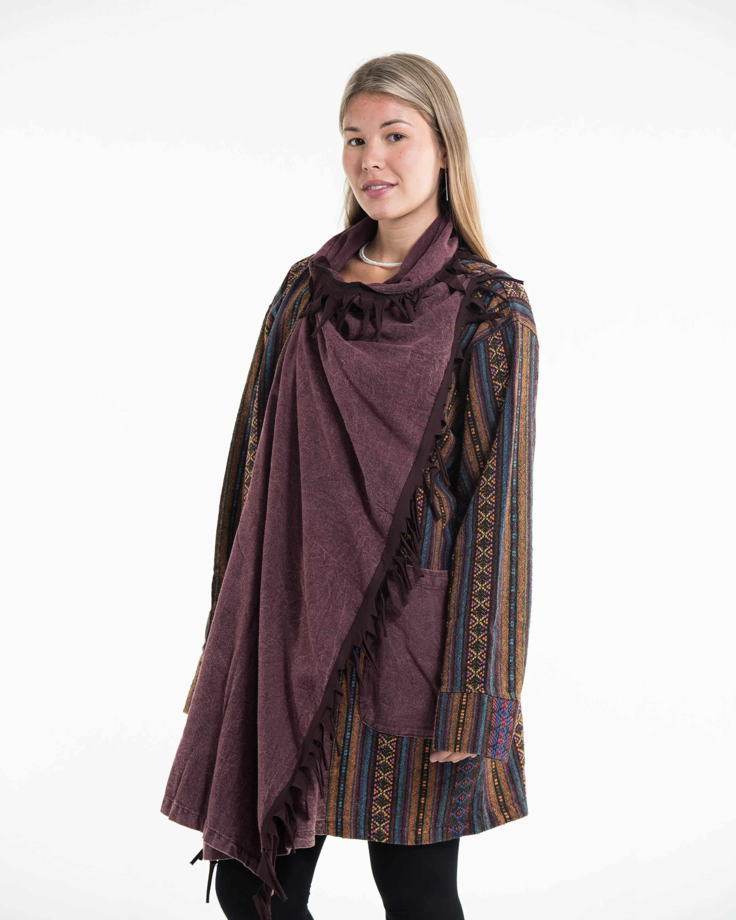 Tribal Cloak Jacket | Stonewash Drape in Maroon - Image 3