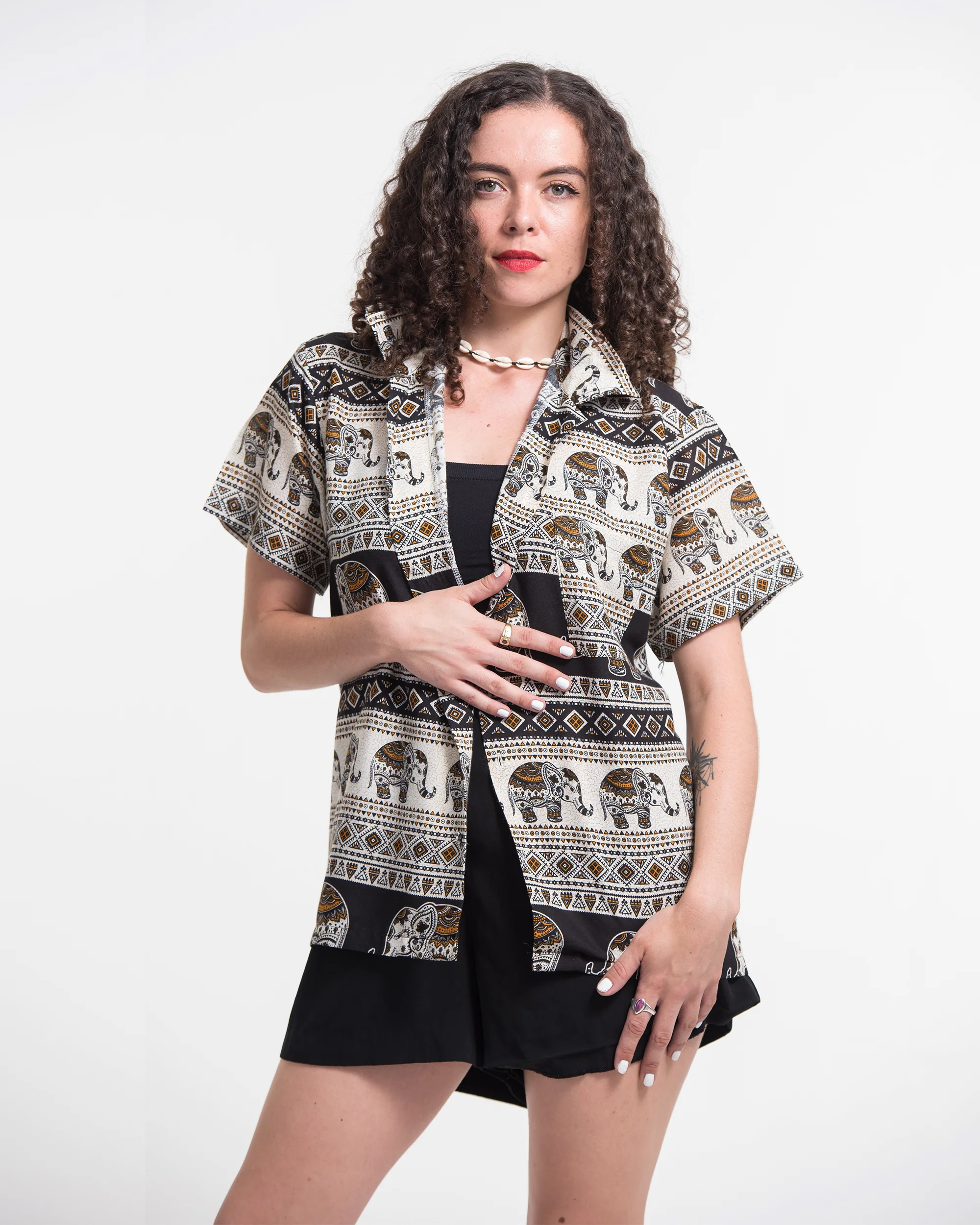 Tribal Elephant Short Sleeve Button Shirt in Black - Image 2