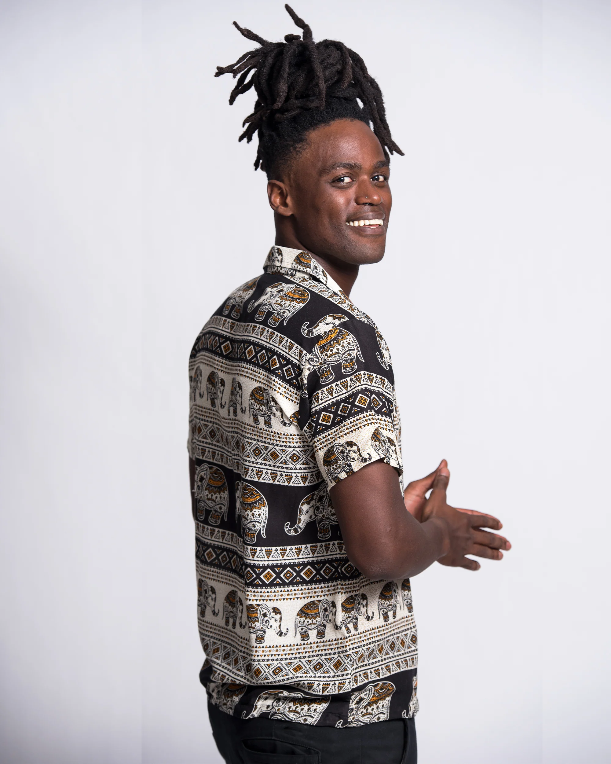 Tribal Elephant Short Sleeve Button Shirt in Black - Image 4