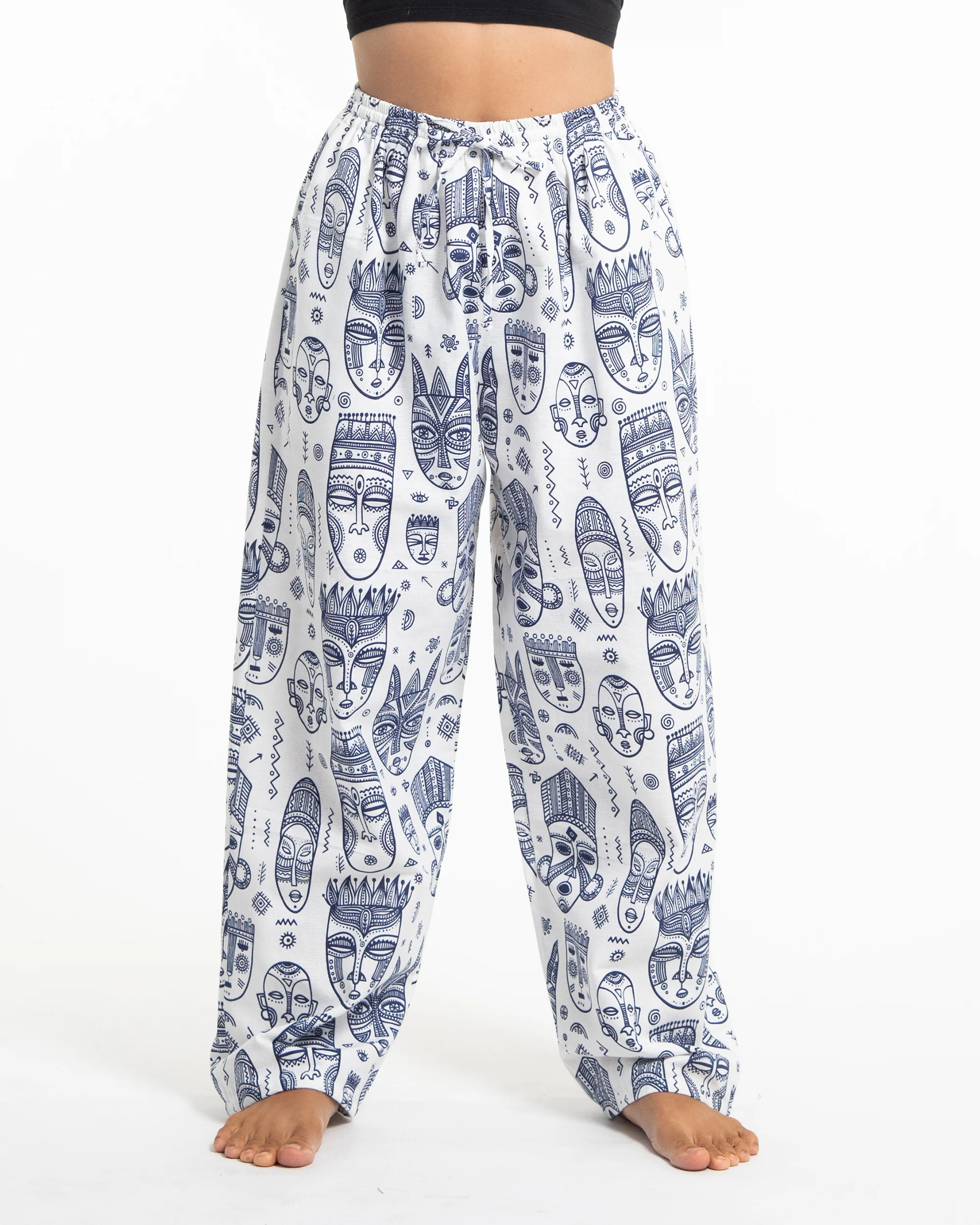 Tribal Mask Print Women Cotton Pants in White - Image 2