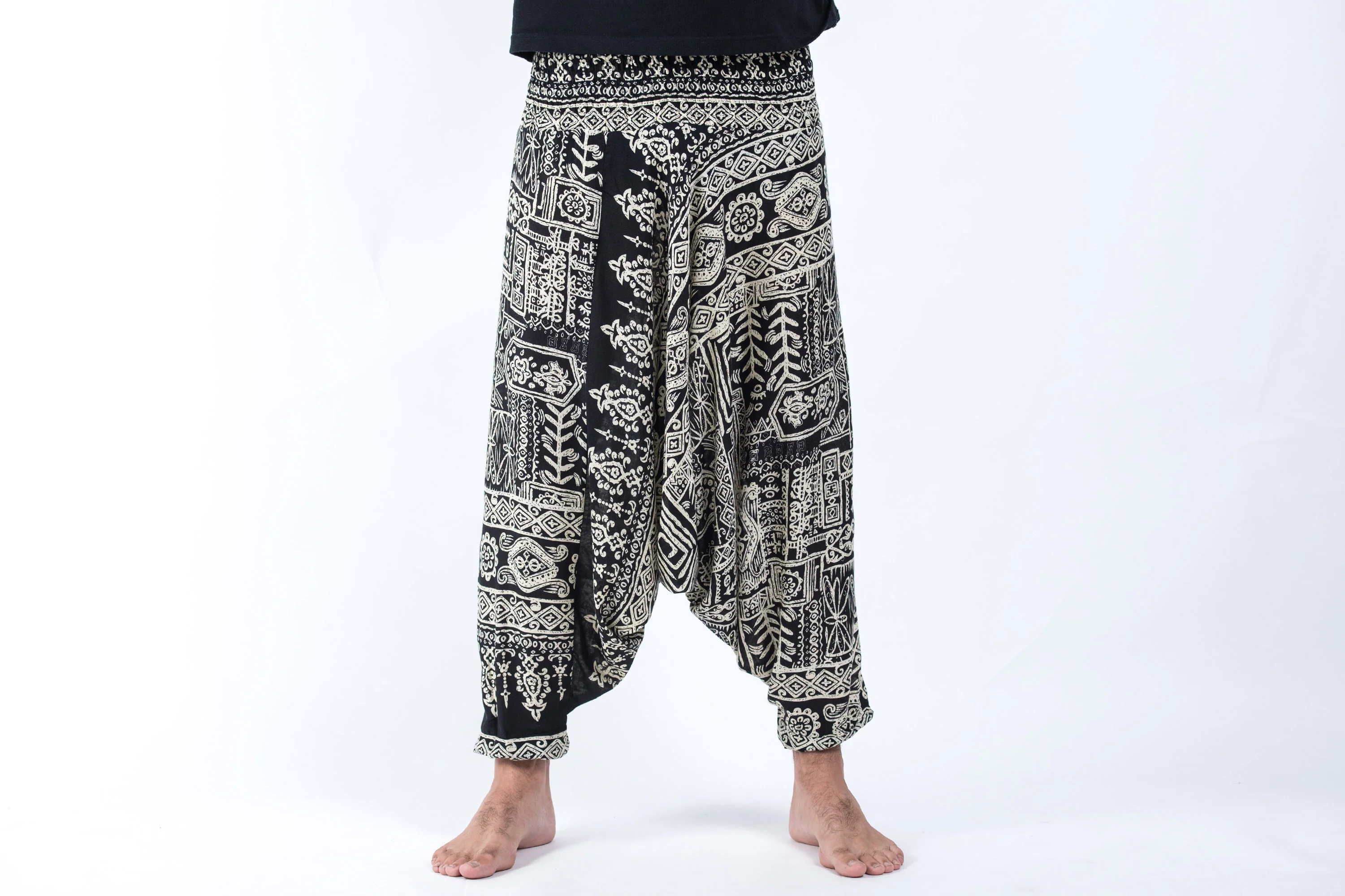 Tribal Prints Drop Crotch Men's Harem Pants in Black - Image 2
