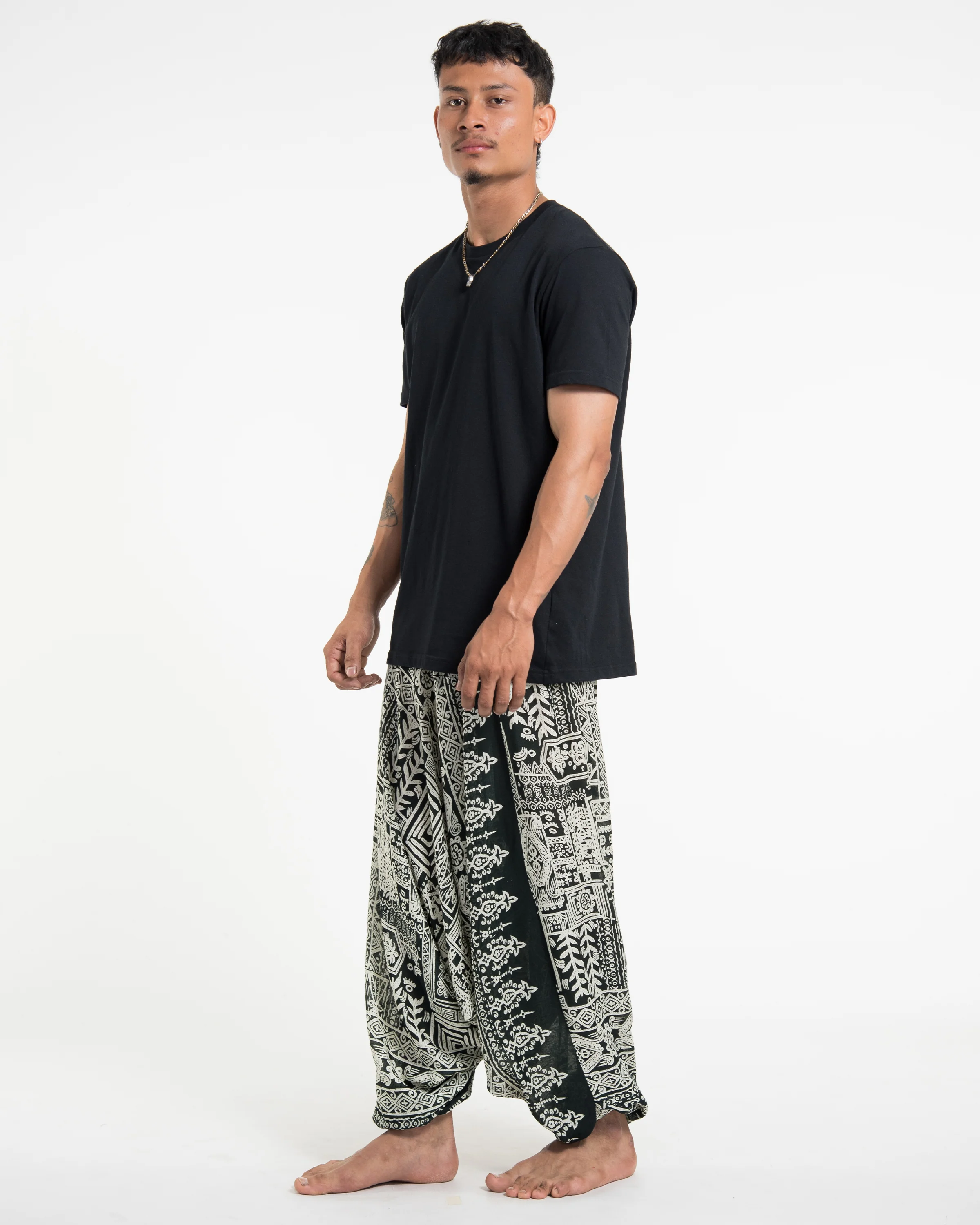 Tribal Prints Drop Crotch Men's Harem Pants in Green - Image 3