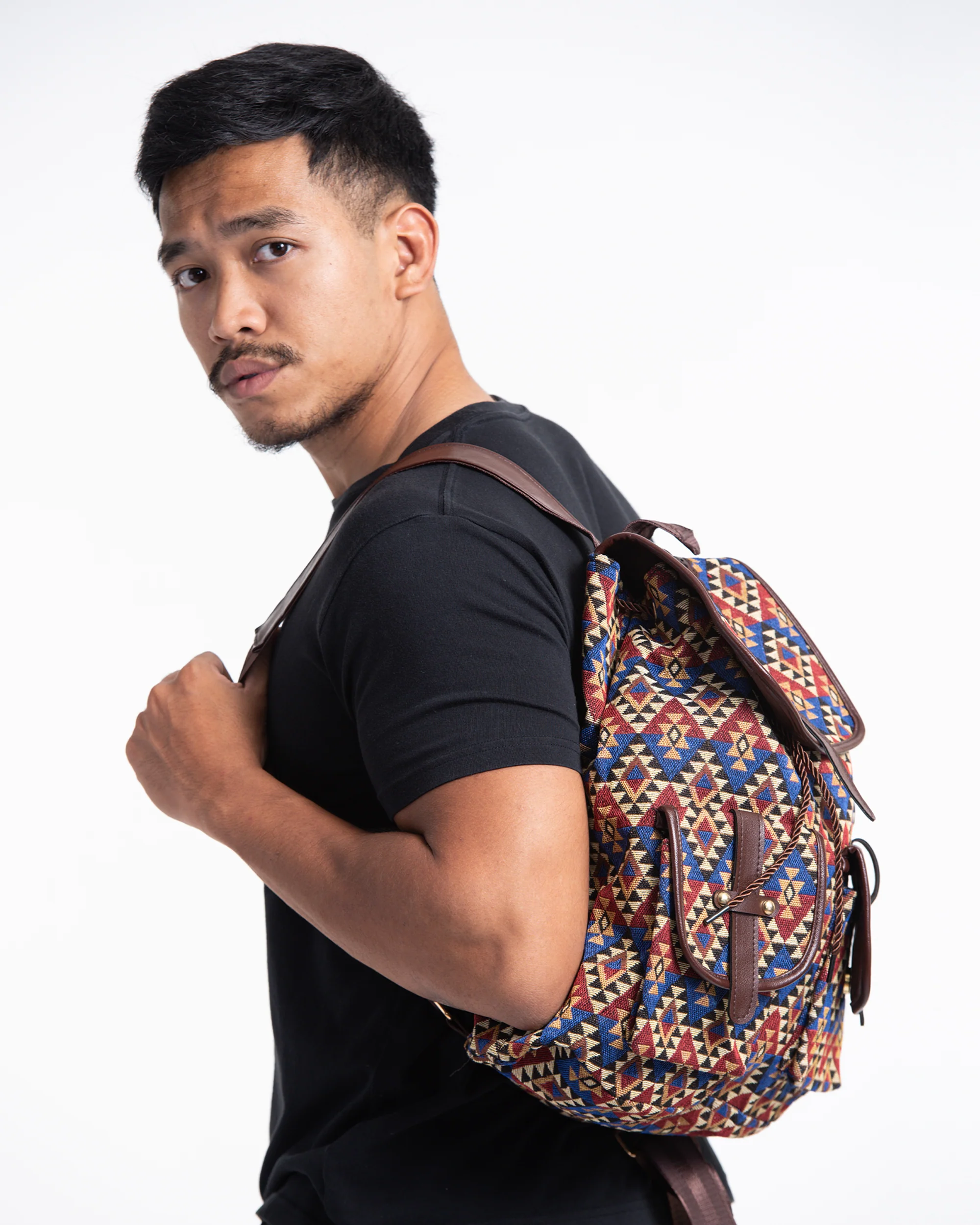 Tribal Woven Fabric with Faux Leather Backpack 01 - Image 2