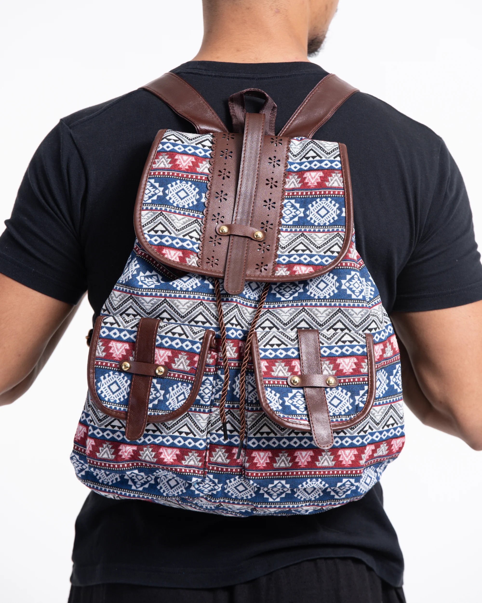 Tribal Woven Fabric with Faux Leather Backpack 02 - Image 3