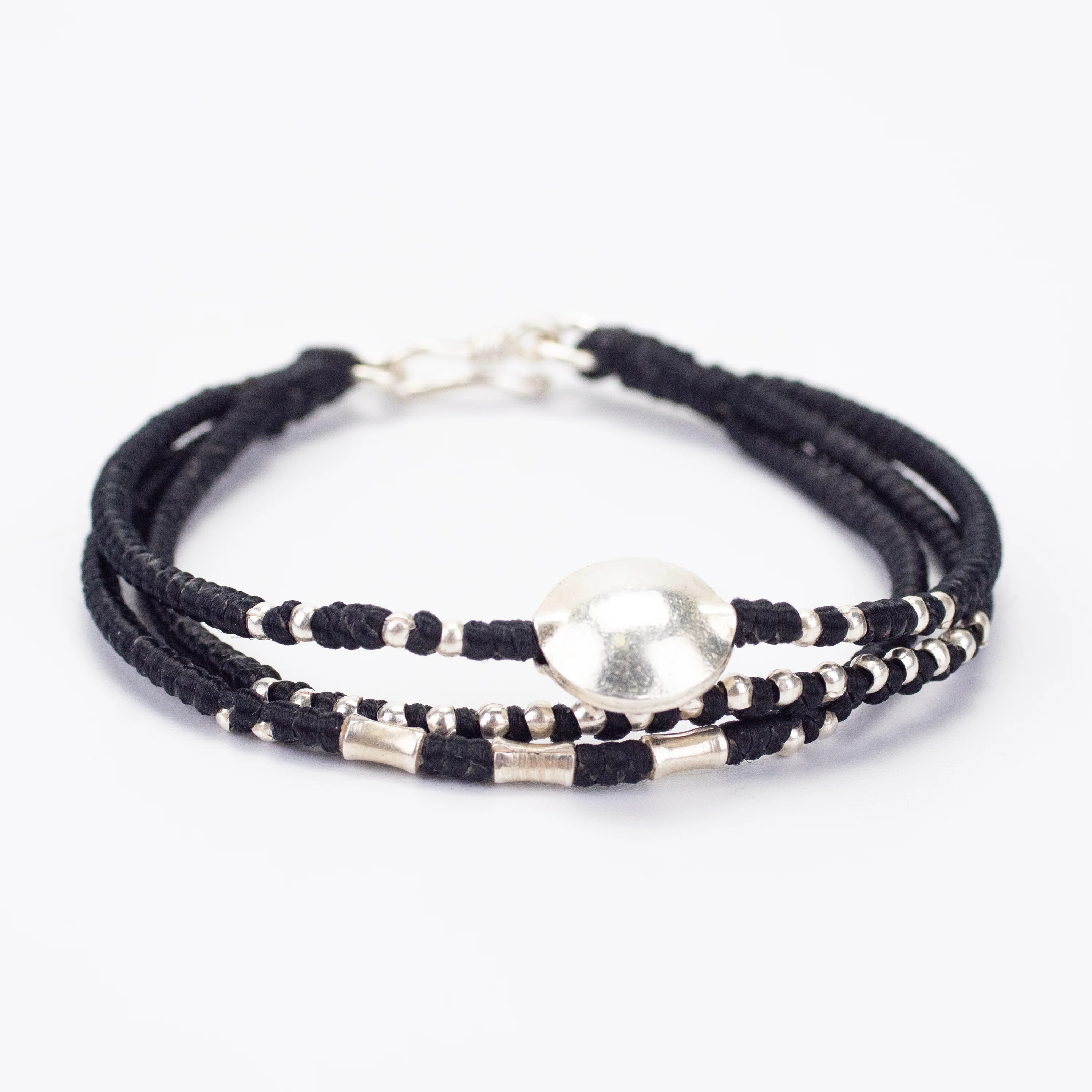 Triple Strands Silver Beads Bracelet with Circle Silver Charm in Black