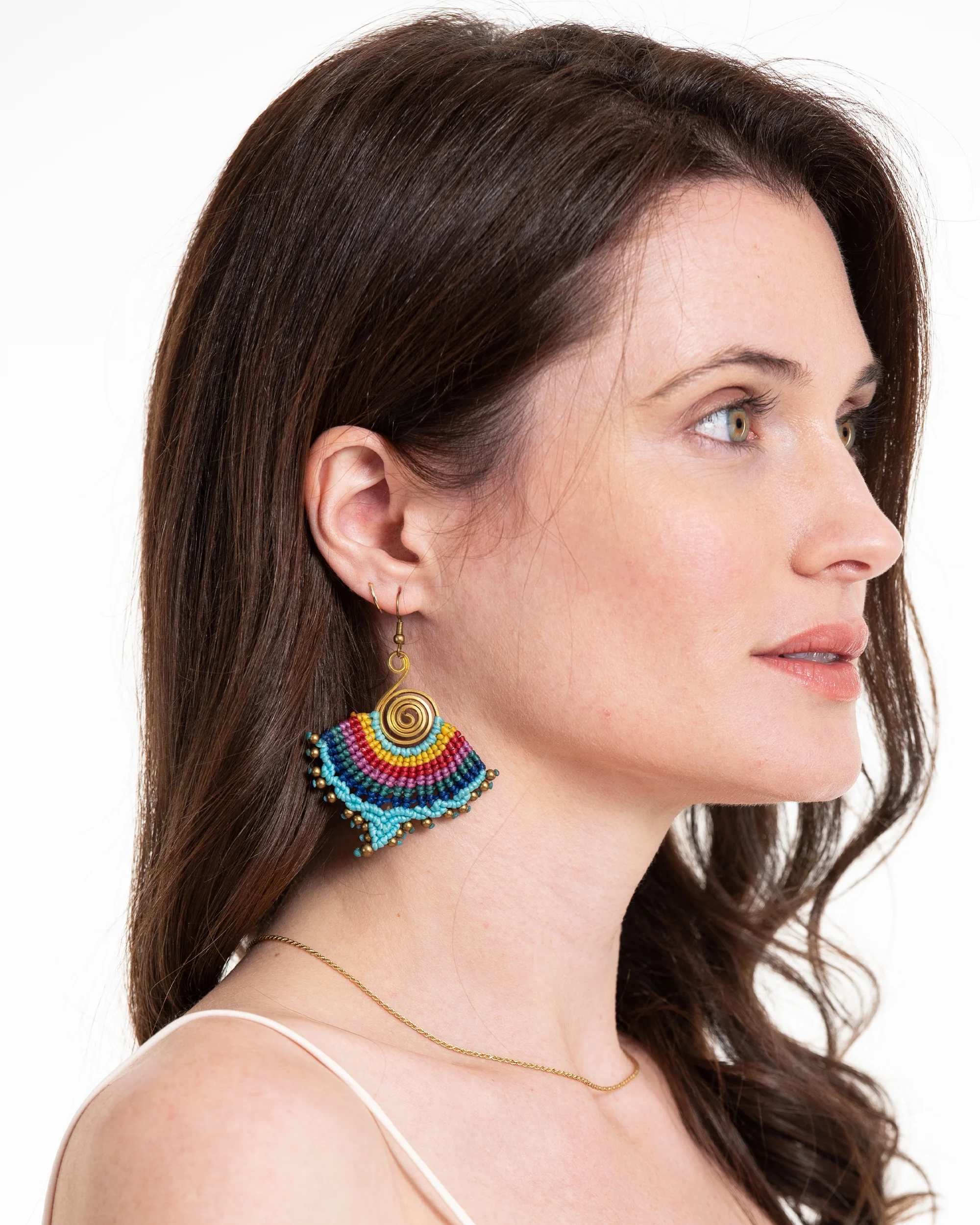 Turquoise Rainbow Waxed String Spiral Brass Earrings - Image 2