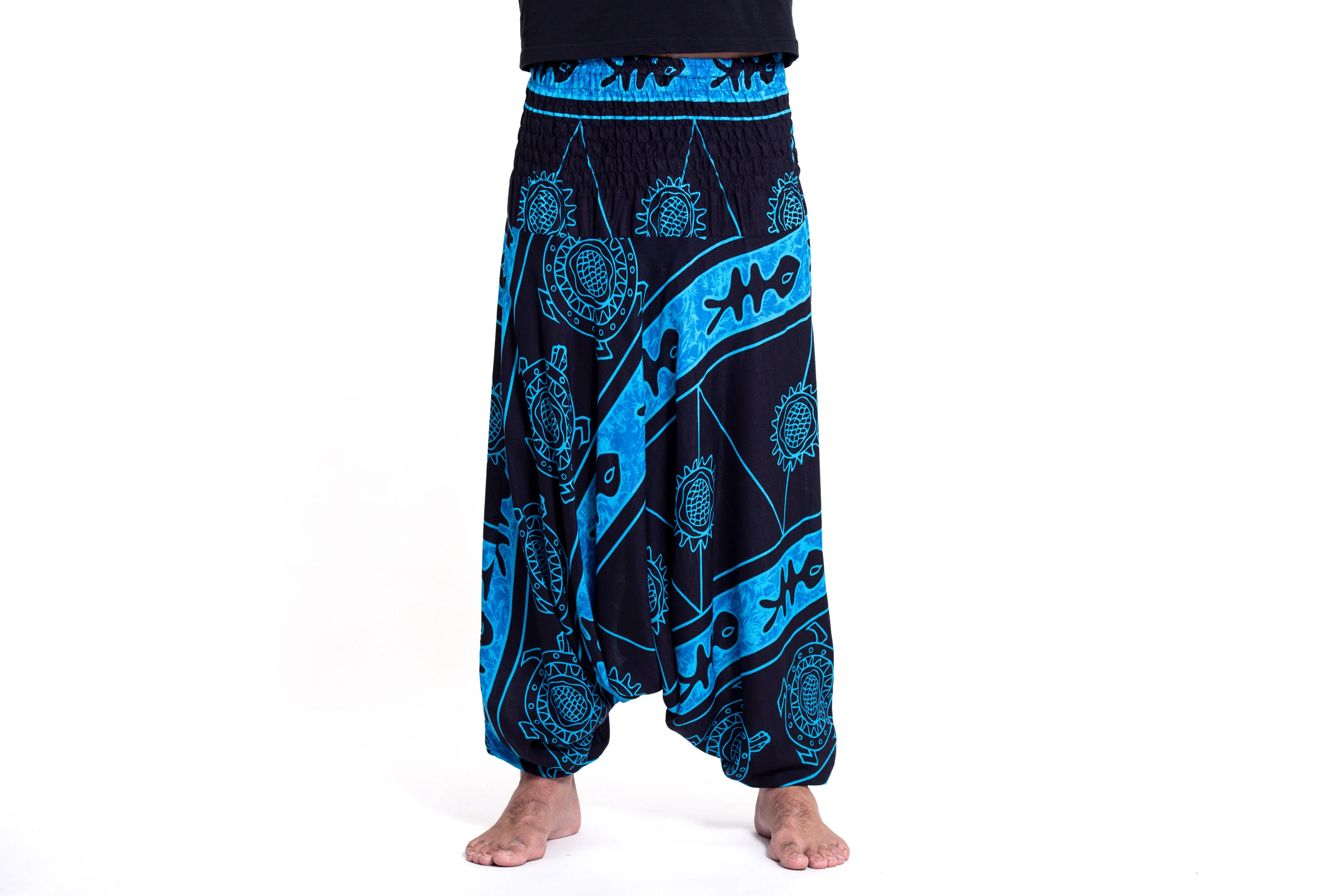 Turtle Print Drop Crotch Men's Harem Pants in Blue - Image 2
