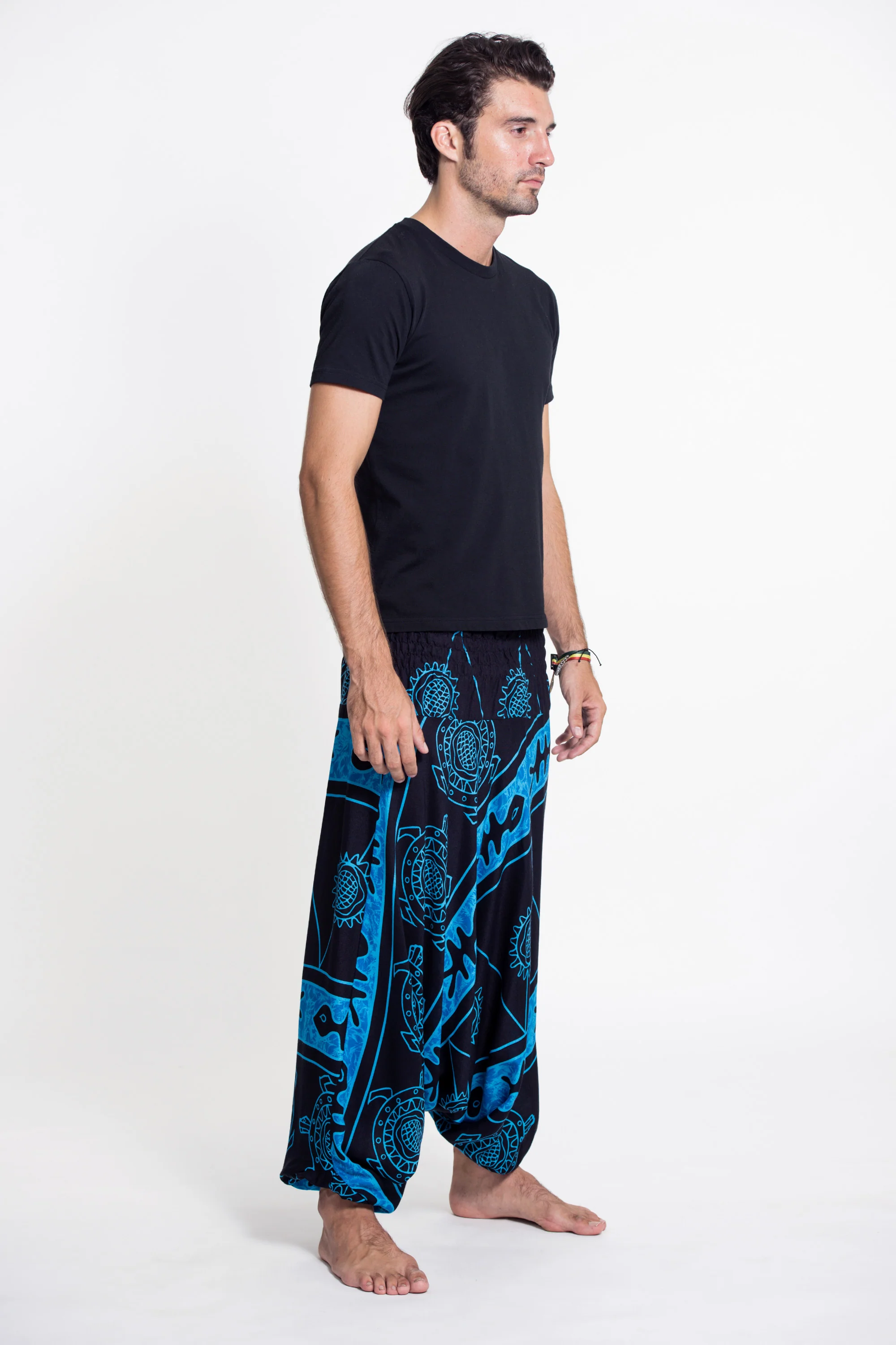 Turtle Print Drop Crotch Men's Harem Pants in Blue - Image 3