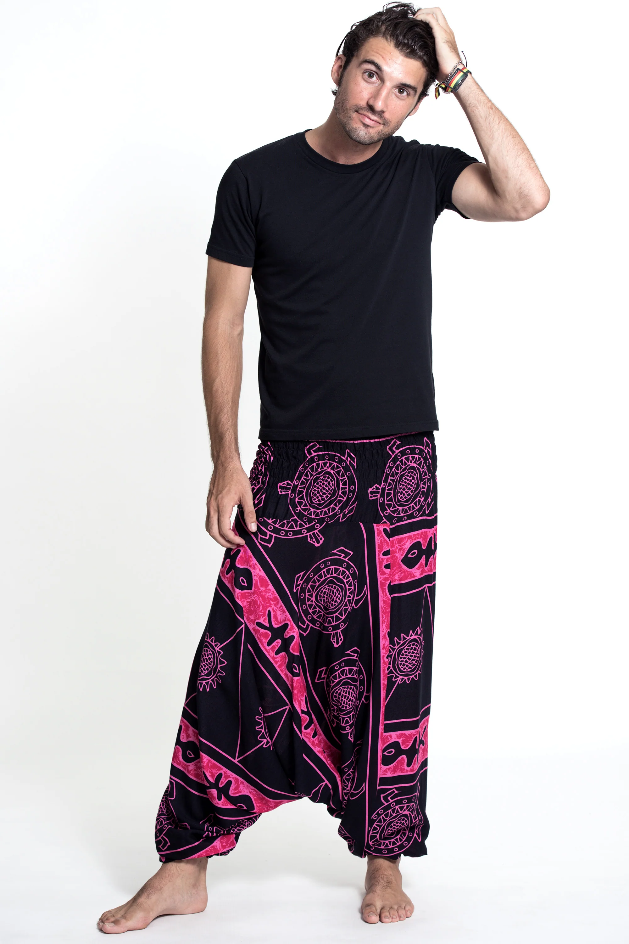 Turtle Print Drop Crotch Men's Harem Pants in Pink