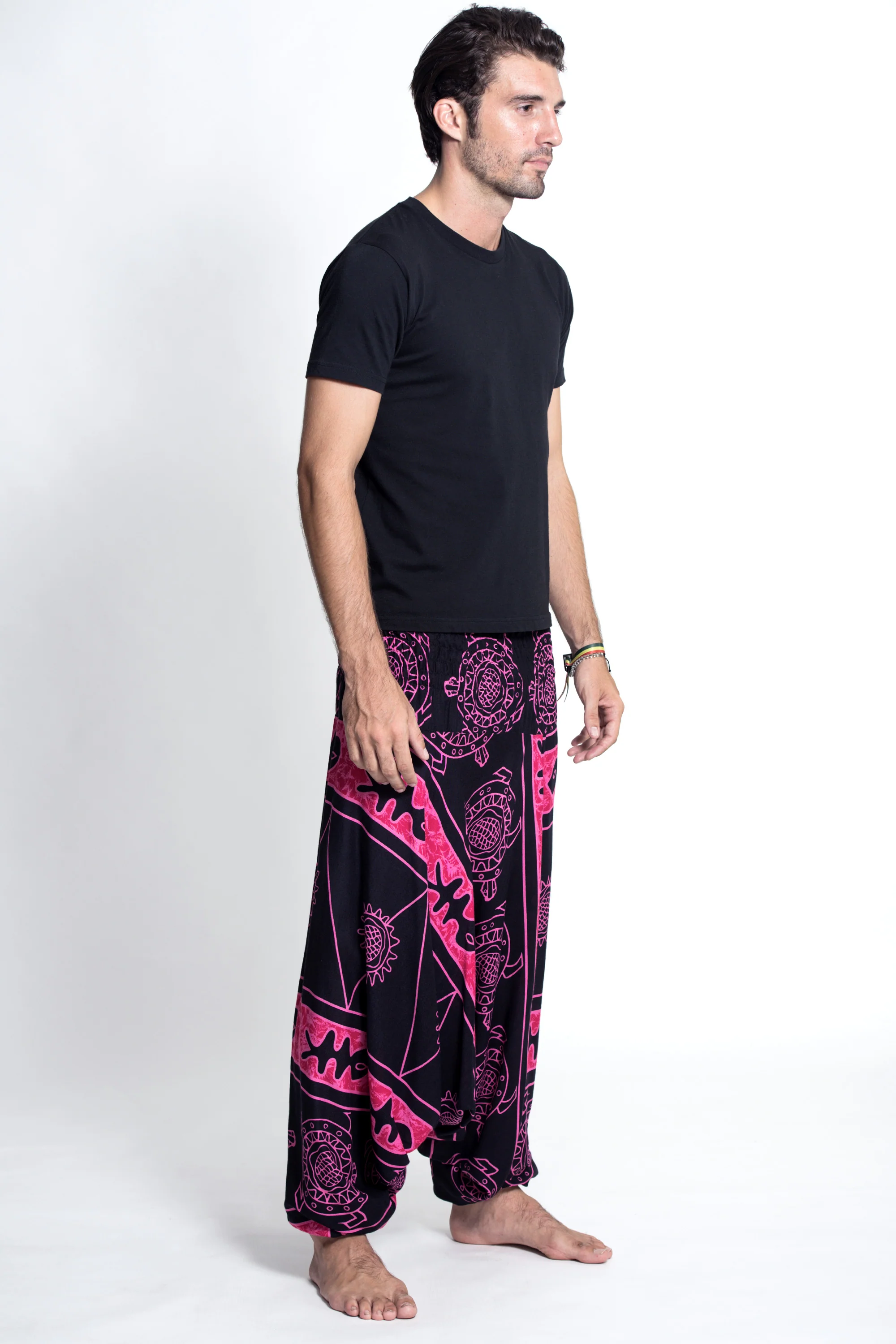 Turtle Print Drop Crotch Men's Harem Pants in Pink - Image 3