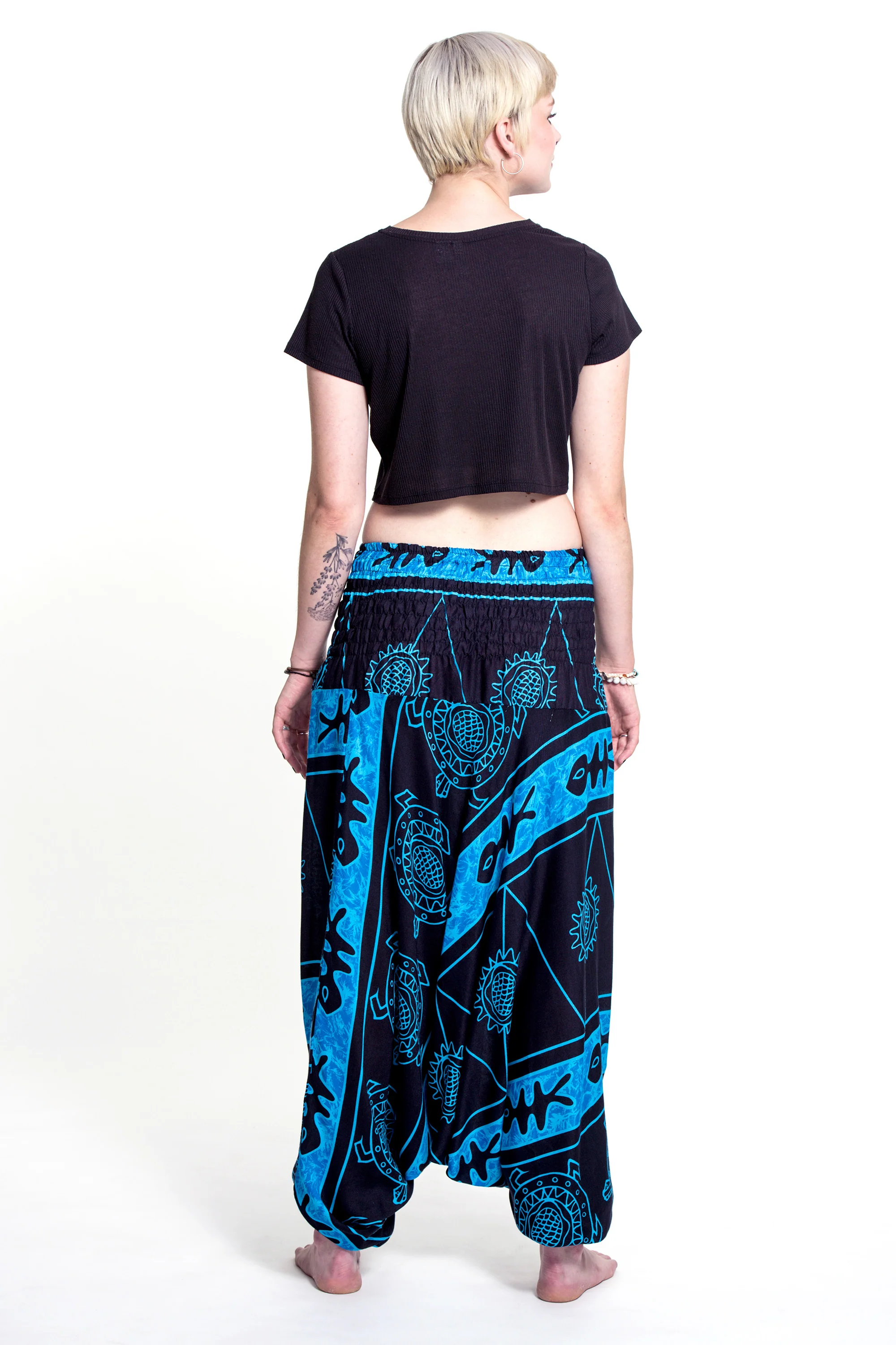 Turtle Print 2-in-1 Jumpsuit Harem Pants in Blue - Image 4