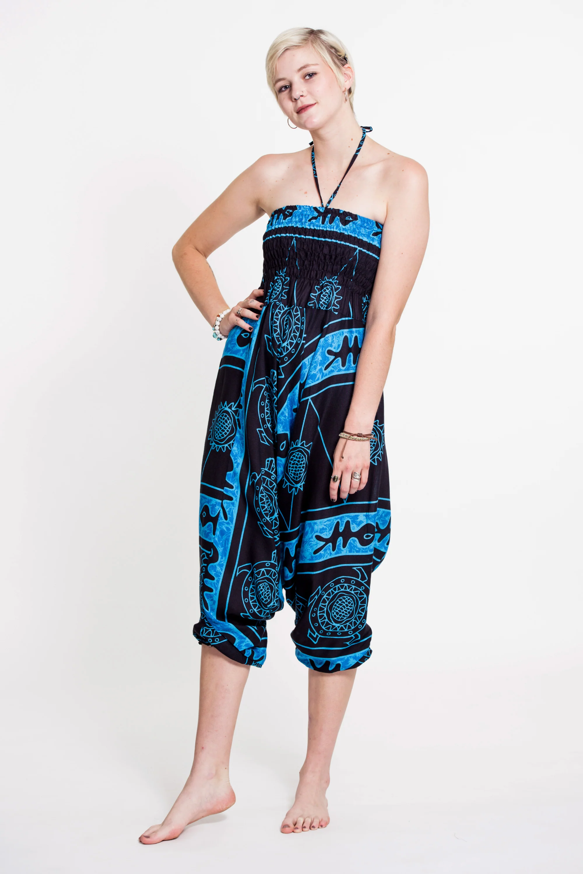 Turtle Print 2-in-1 Jumpsuit Harem Pants in Blue - Image 5