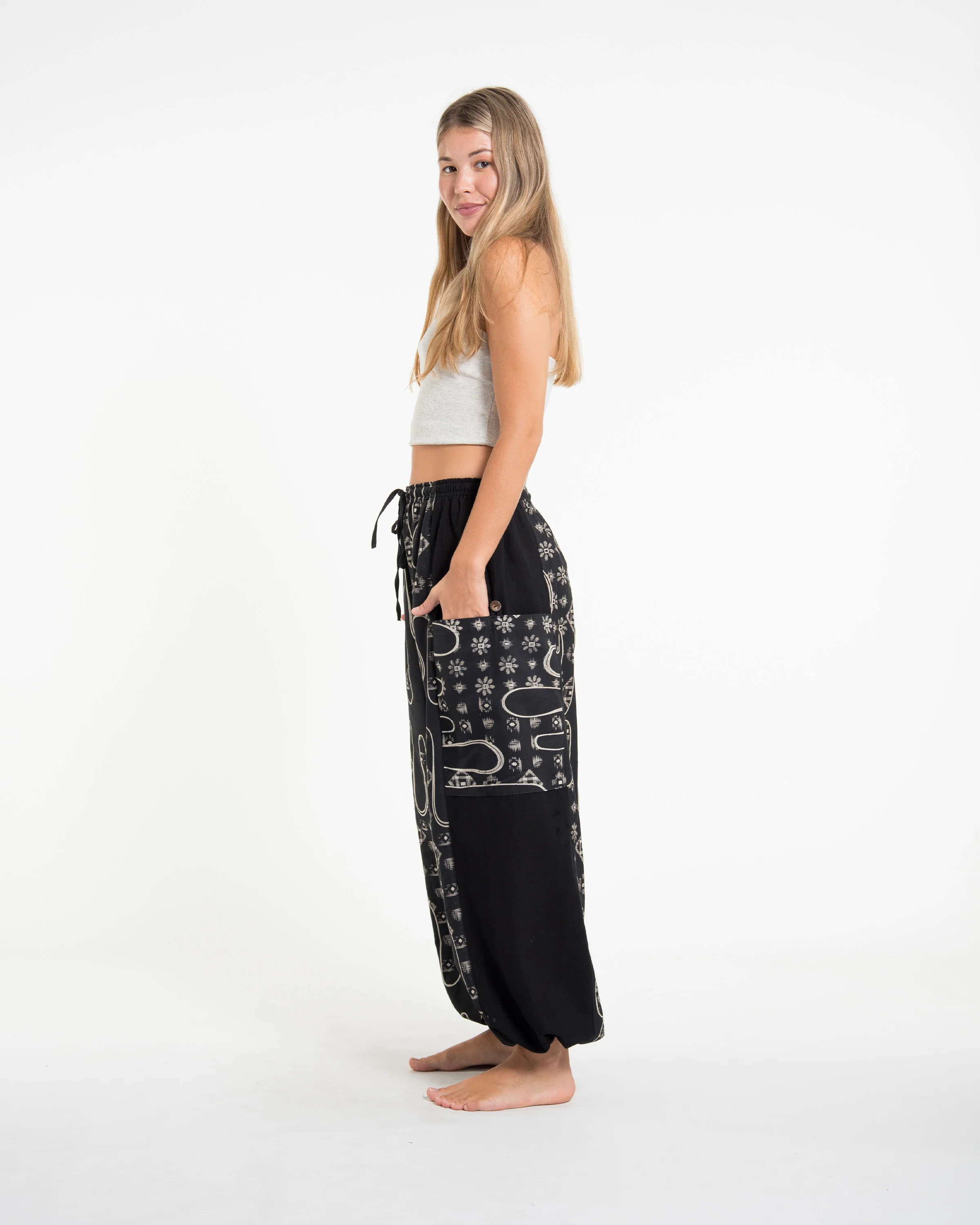 Two Tone Japanese Print Women's Cotton Pants in Black - Image 3