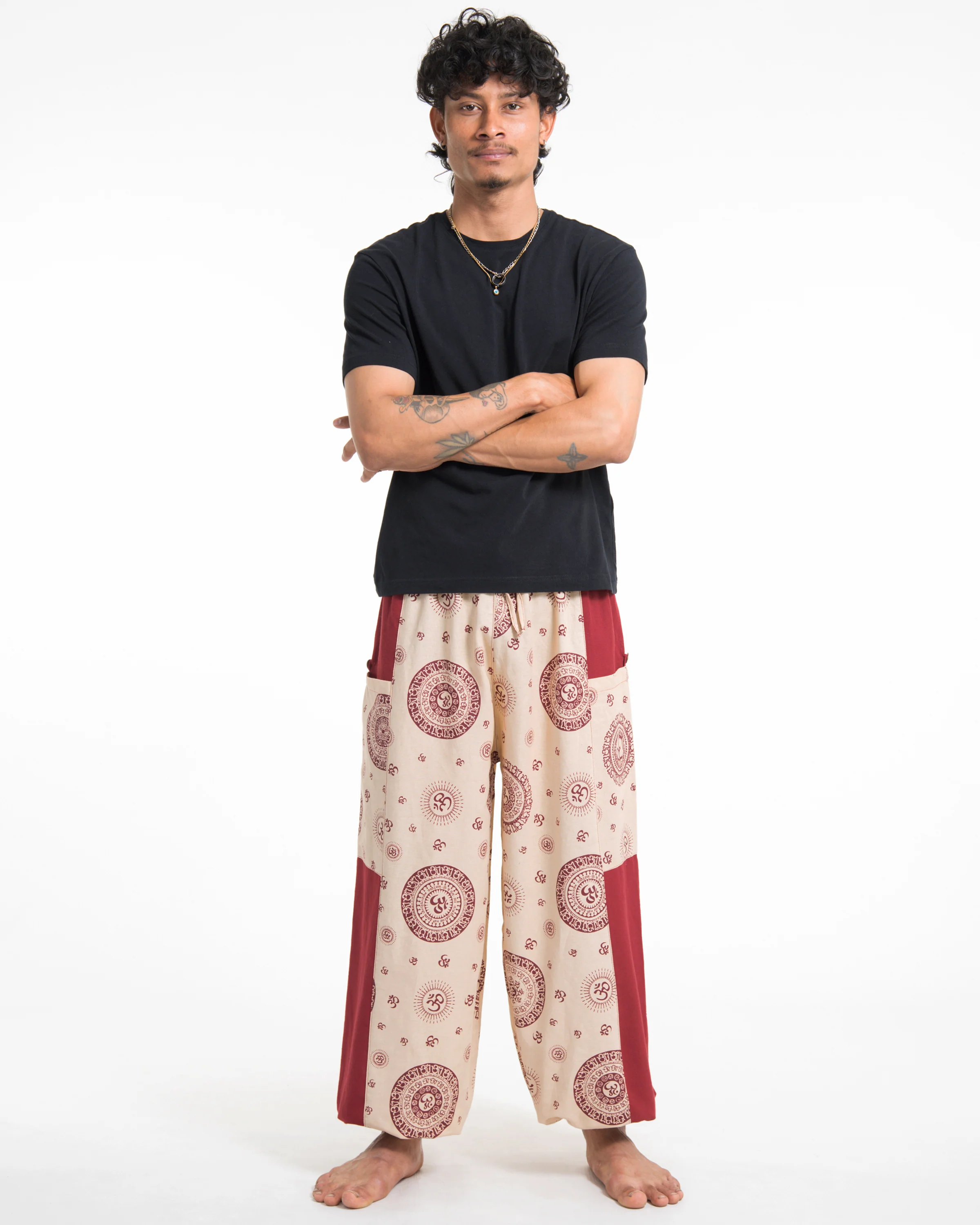 Two Tone Om Prints Men's Cotton Pants in Red - Image 3