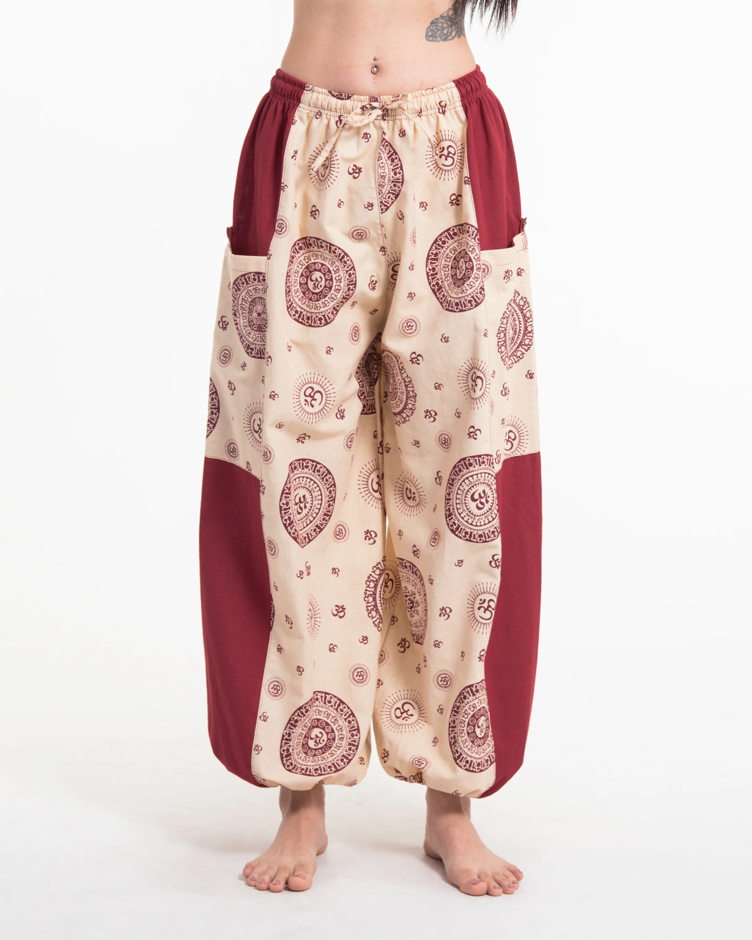 Two Tone Om Prints Women's Cotton Pants in Red - Image 3