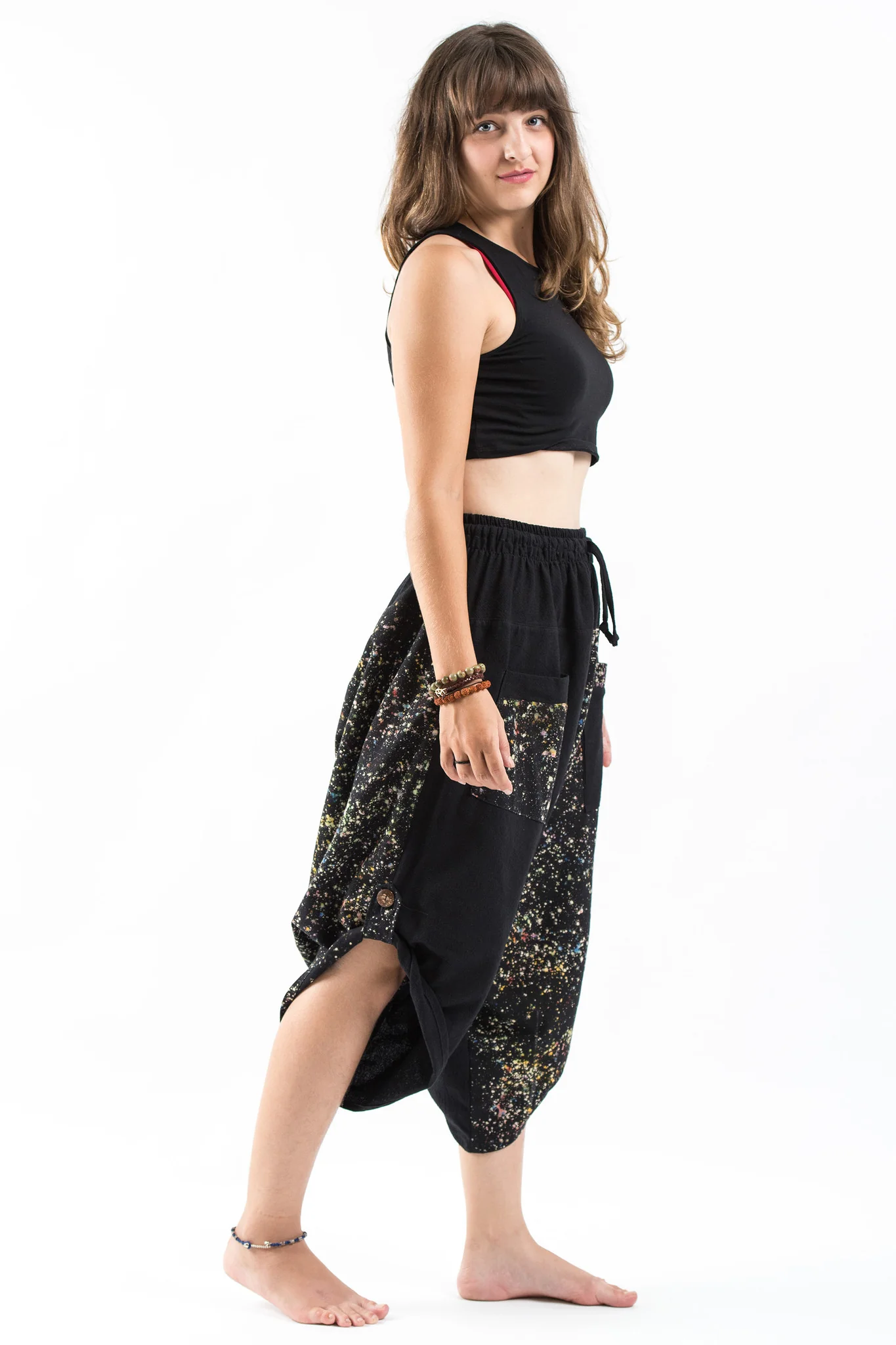 Two Tone Splatter Prints Women's Three Quarter Pants in Black - Image 3