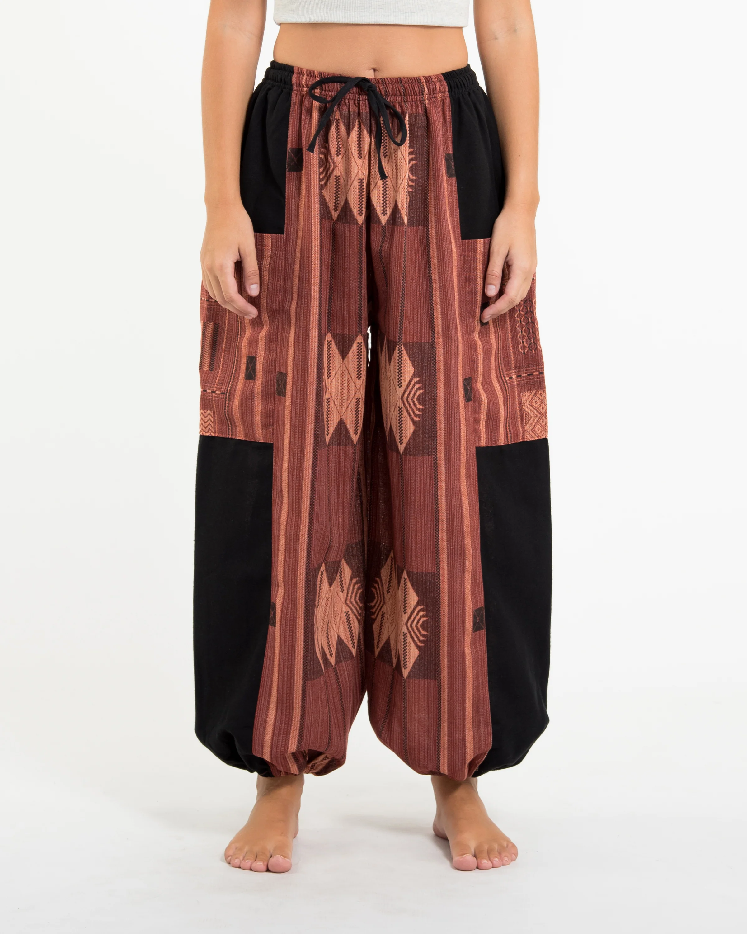 Two Tone Thai Hill Tribe Fabric Women's Cotton Pants in Brick - Image 2