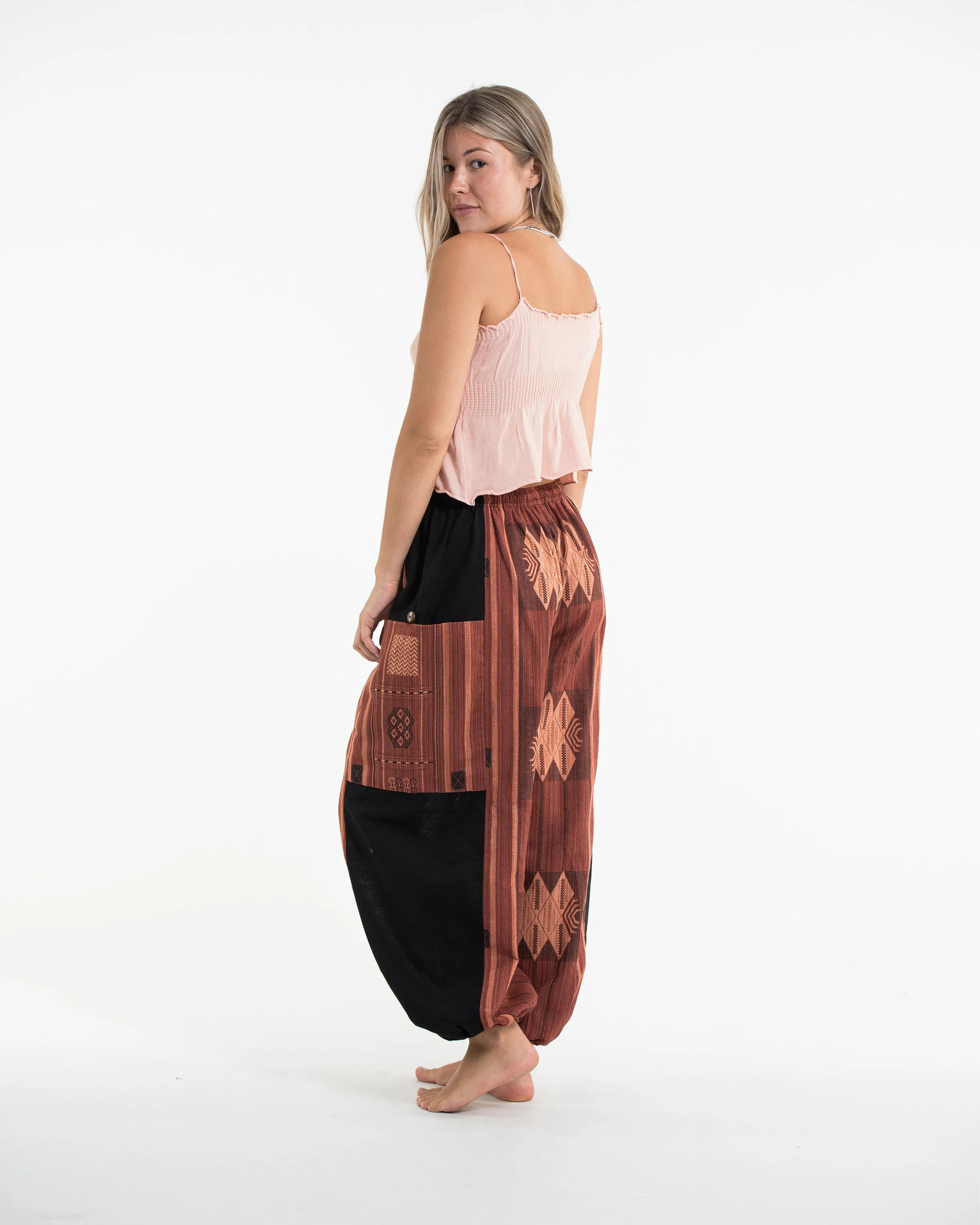 Two Tone Thai Hill Tribe Fabric Women's Cotton Pants in Brick - Image 3