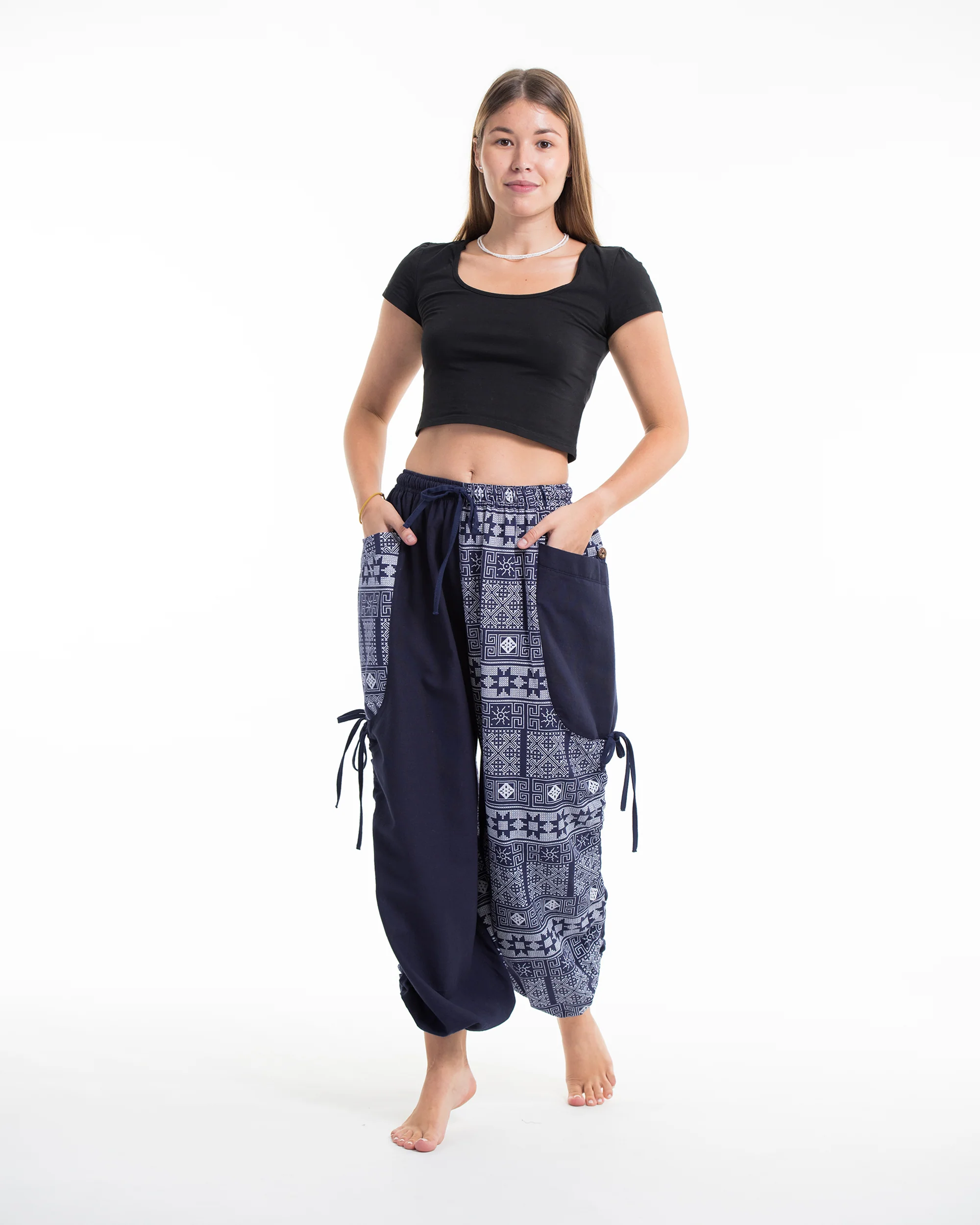 Two Tone Traditional Prints Women's Cotton Pants in Navy - Image 3