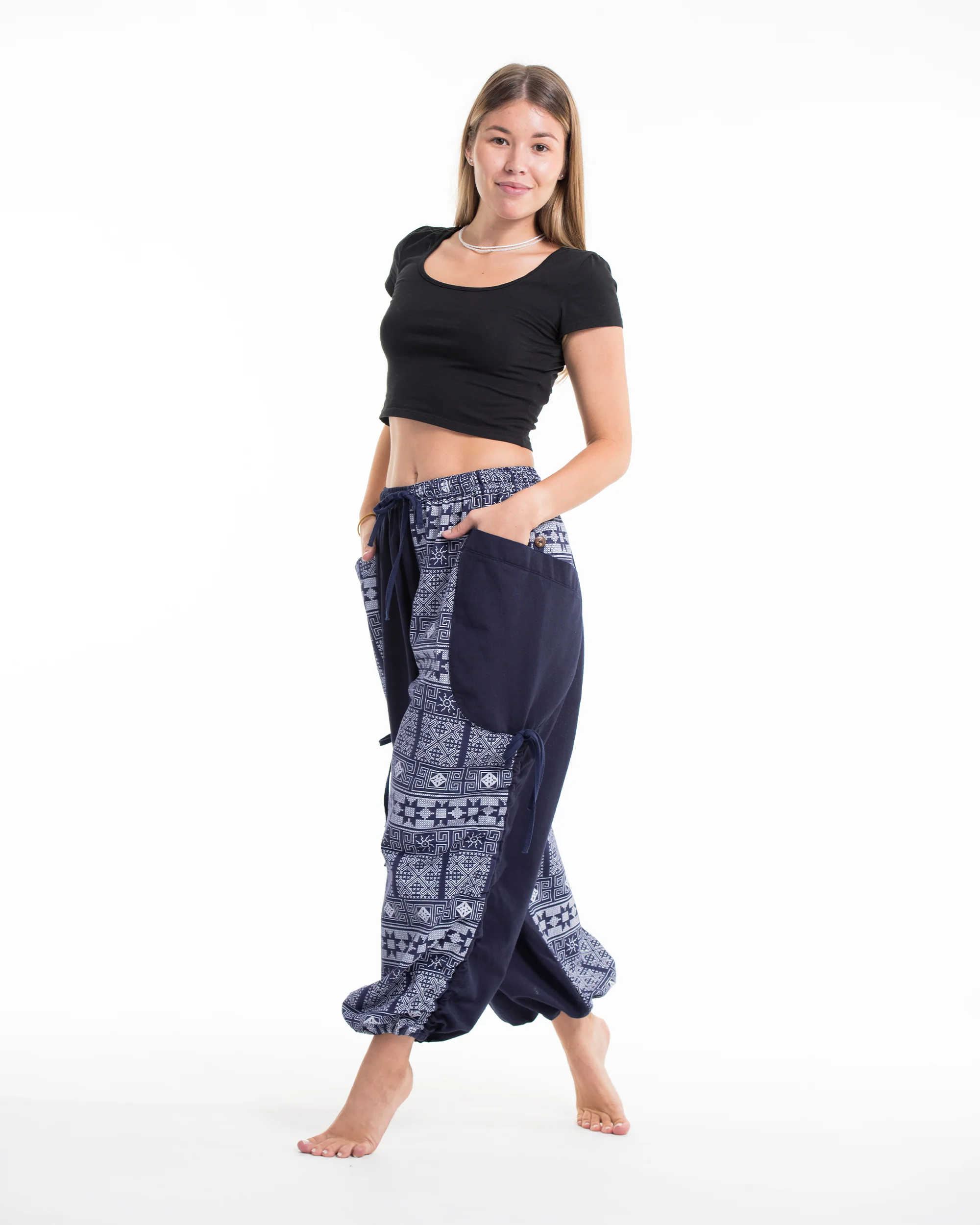 Two Tone Traditional Prints Women's Cotton Pants in Navy - Image 6