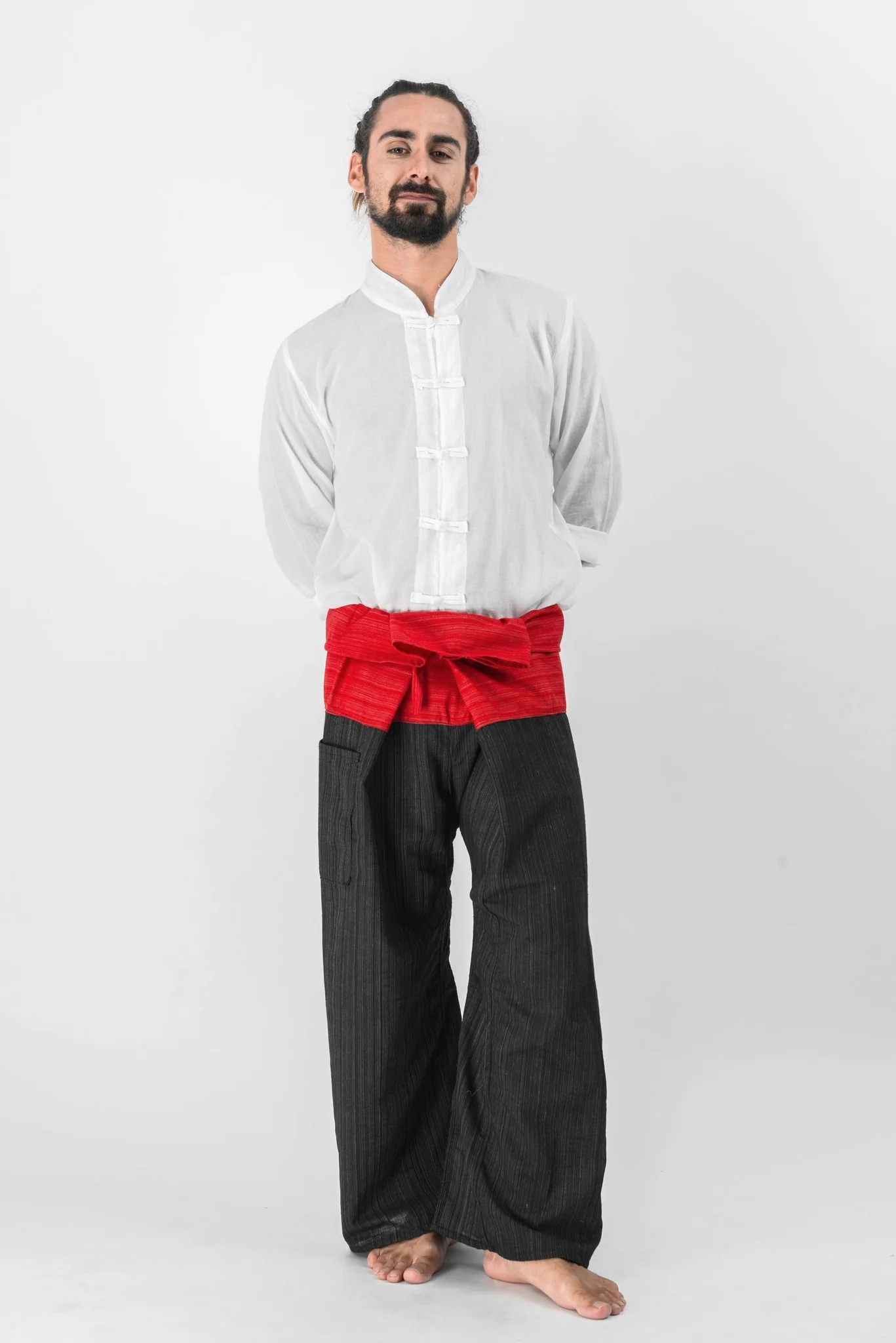 Unisex 2-Tone Pinstripes Thai Fisherman Pants in Black Red - Image 3