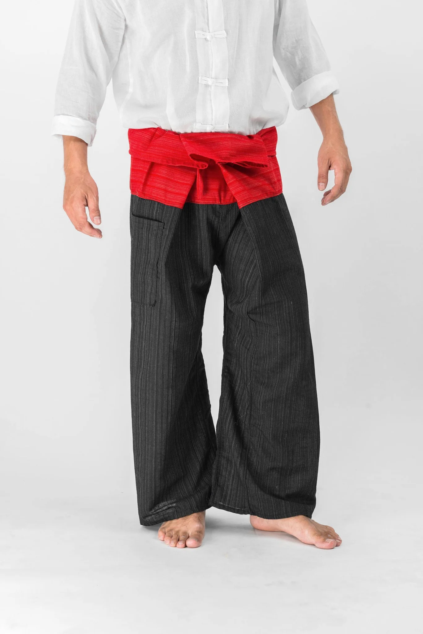 Unisex 2-Tone Pinstripes Thai Fisherman Pants in Black Red - Image 4
