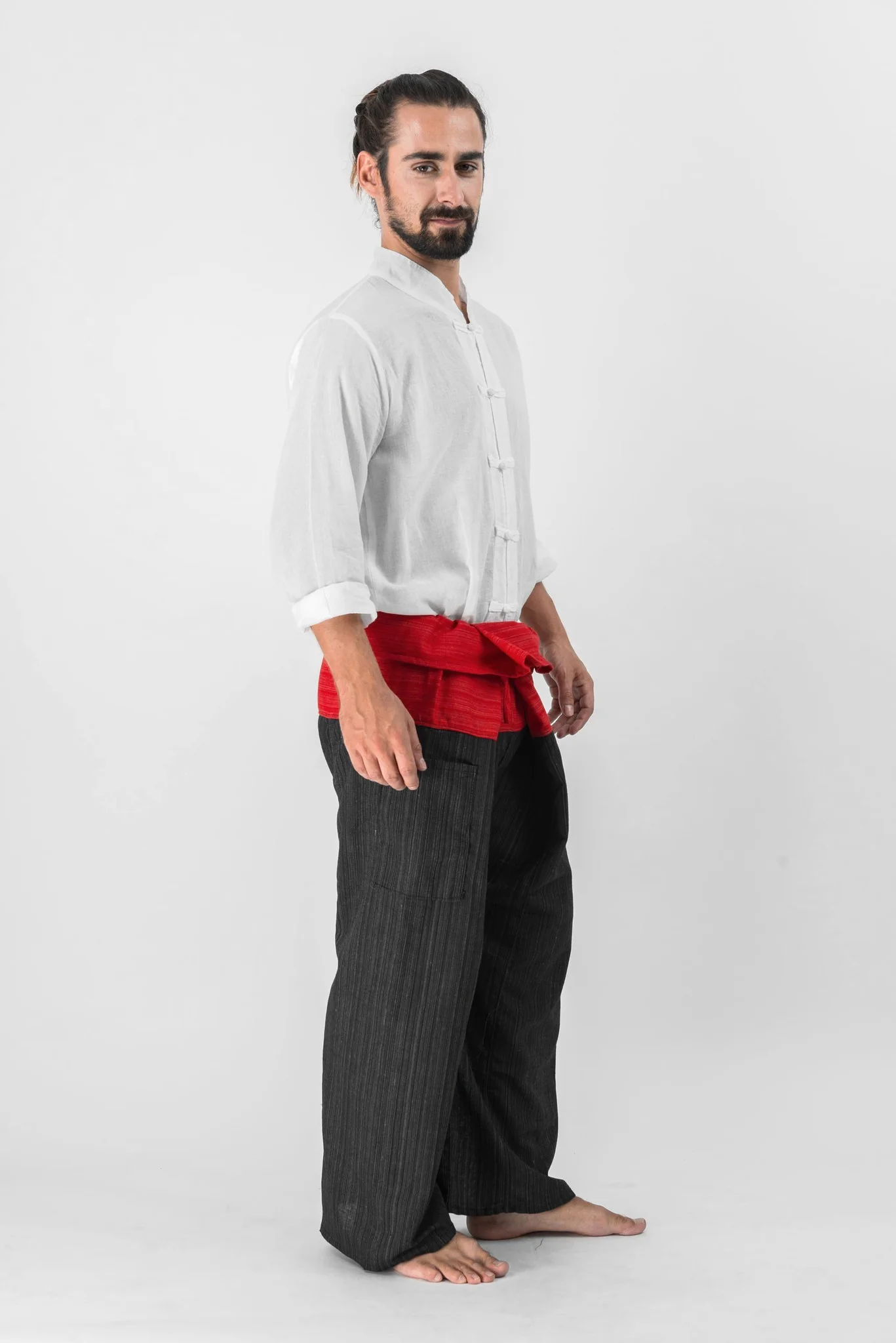 Unisex 2-Tone Pinstripes Thai Fisherman Pants in Black Red - Image 5